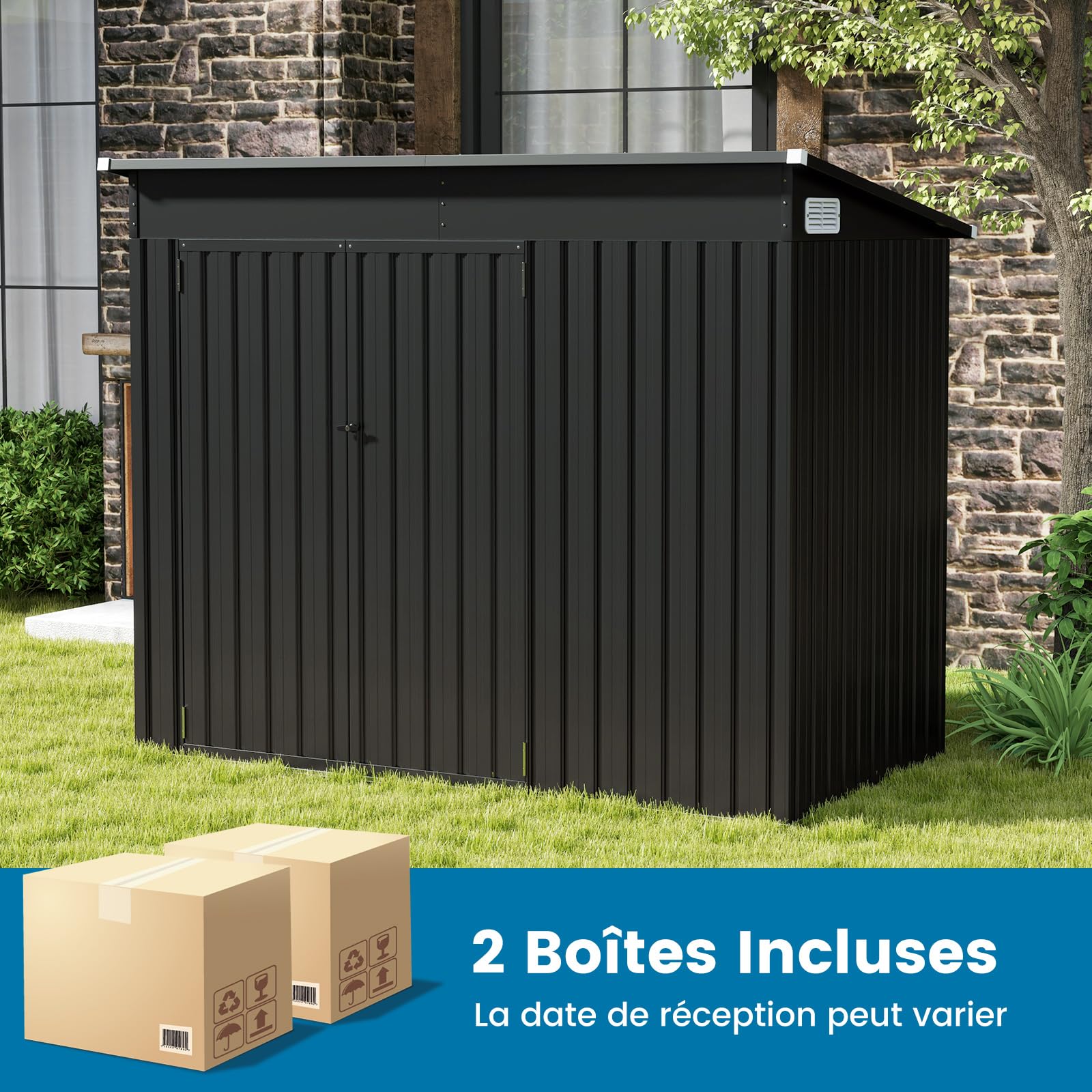 COSTWAY Abri de Jardin en Métal 2,6㎡, Cabane Jardin Exterieur en Acier Galvanisé 5,7 m³ avec Loquet, Porte avec serrure et clé, Toit en Pente, 4 Gants, 2 Trous d’Aérations, Abri Exterieur (Gris foncé)