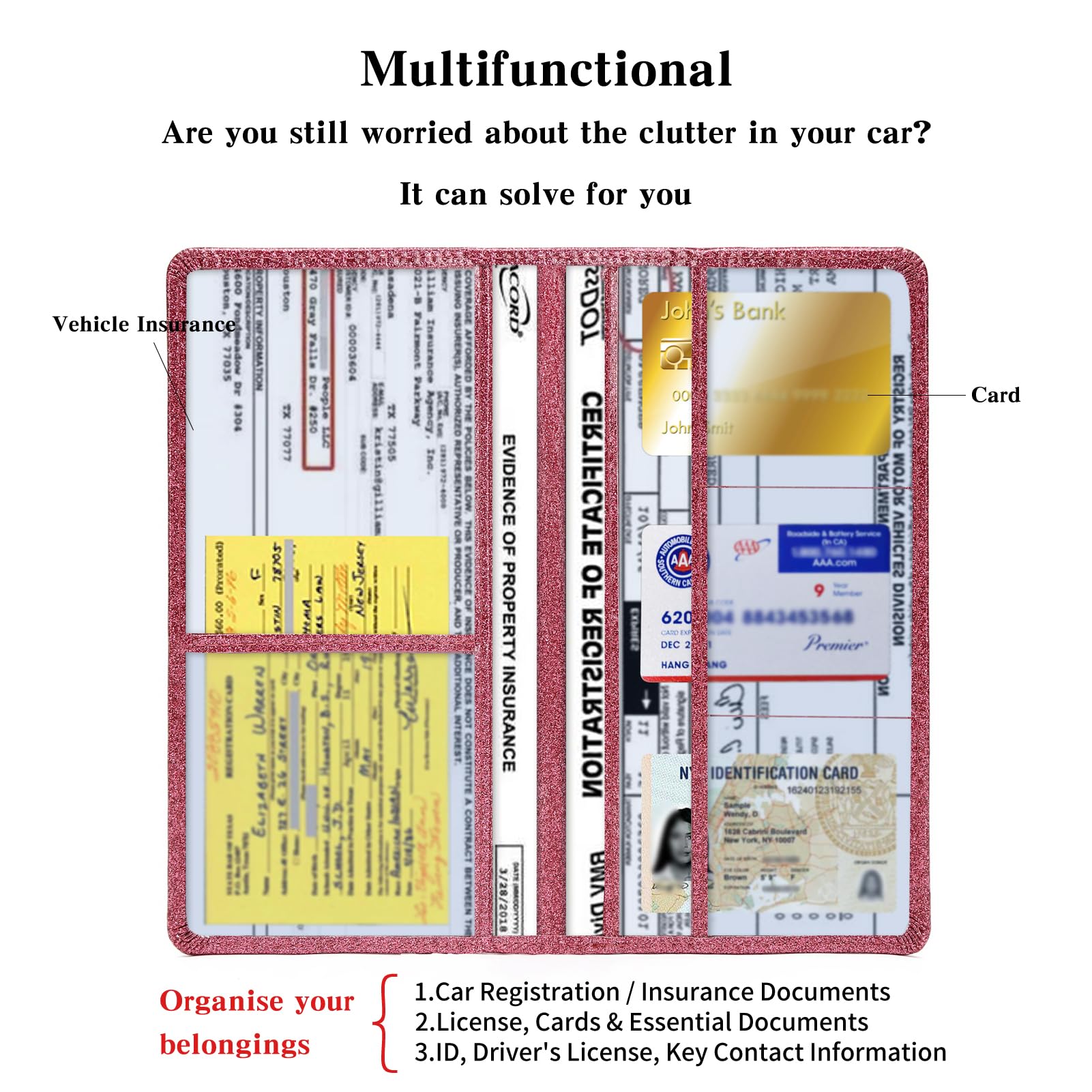 2Pack Leather Car Registration and Insurance Card Holder, Car Document Holder for Cards License with Magnetic Shut (Glitter Purple)