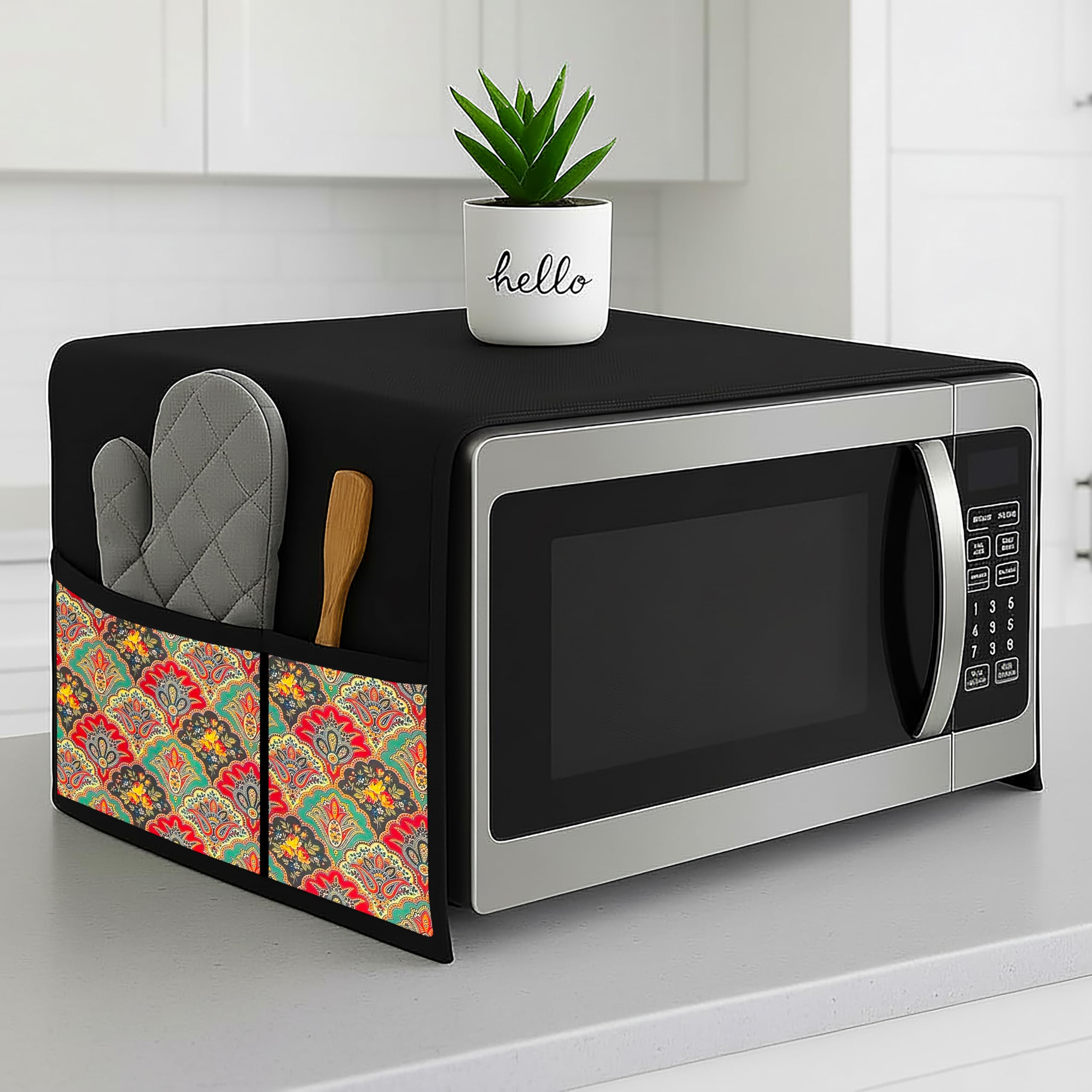 Microwave Oven Cover & Top Cover for Kitchen Decor Durable Dustproof Waterproof Microwave Cover Top, Oven Covers, Modern Design with 4 Side Pockets for Kitchen Accessories - Flower Multi (100 x 35 cm)