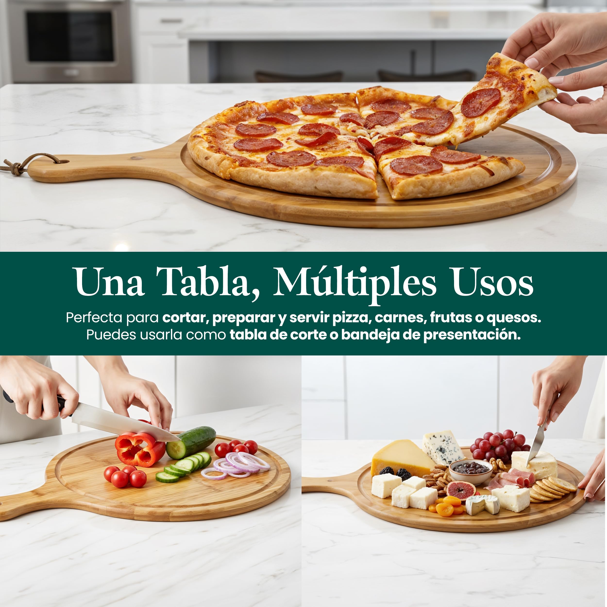Pack 2 Tablas de Pizza Bambú 43 cm XL – Tabla Redonda para Cortar y Servir Pizza, Quesos y Aperitivos – Madera Natural Resistente