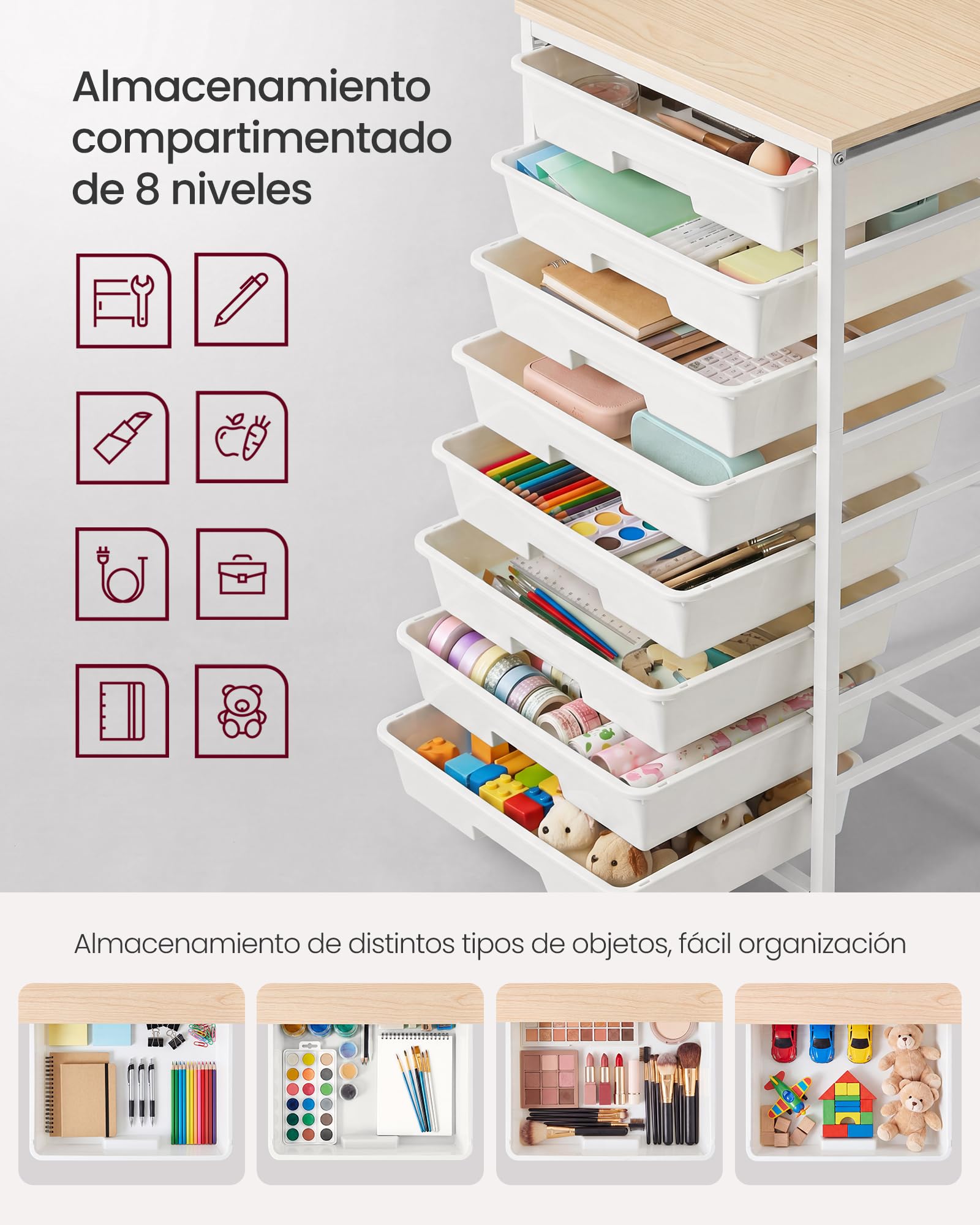 VASAGLE Carrito de Almacenamiento con 8 Cajones, Organizador con Ruedas, Carrito Auxiliar con Tablero de Madera, 39,5 x 28,5 x 76.5 cm, para Oficina, Salón, Blanco, Colección BENCO LRC006W101