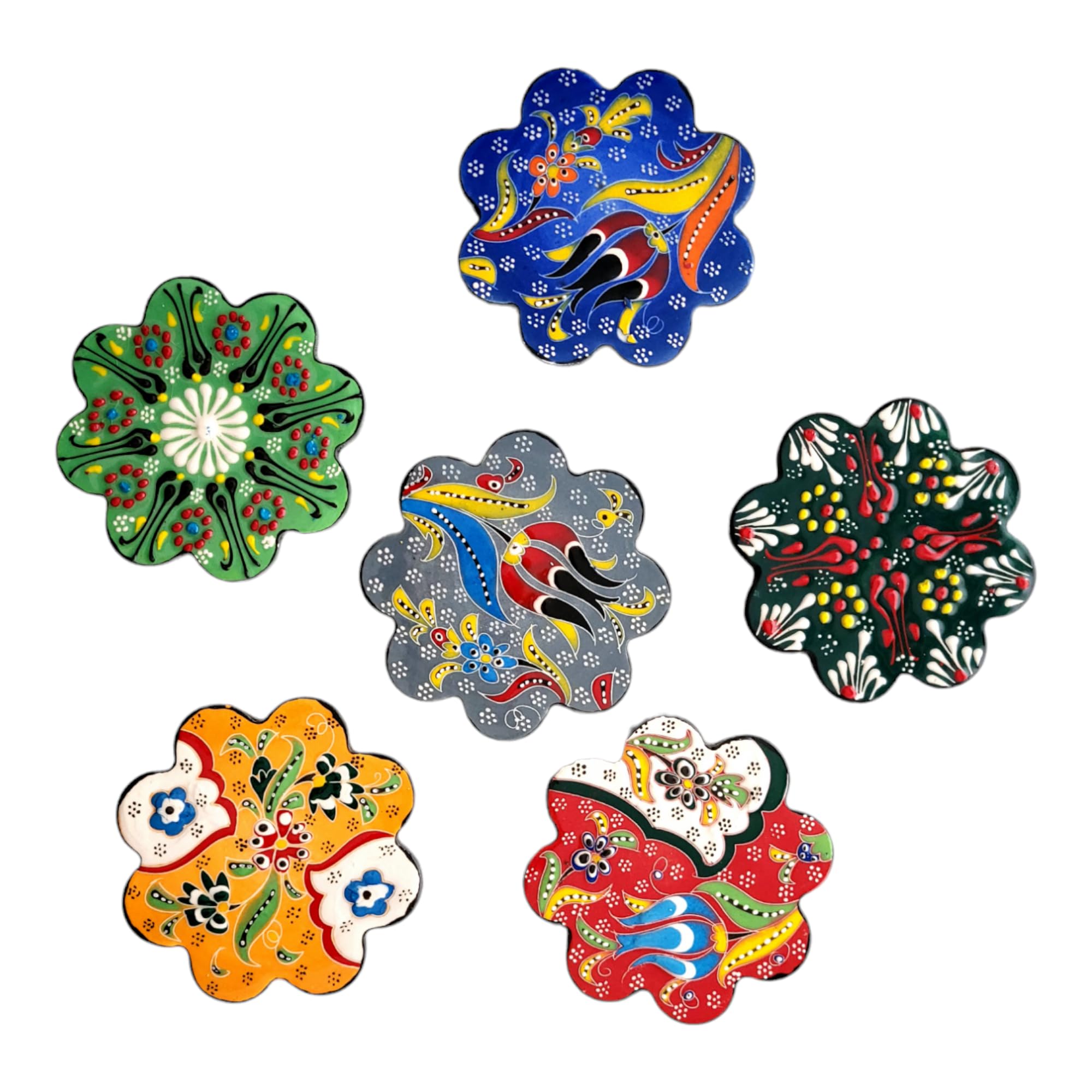 Turkish Ceramic Plate Absorbent Daisy Desing Coasters for Drinks House Warming,Living Room Decoration Gift Set of 6 No Holder,Oversize Better Protects Furniture from Damage (Multi 2)