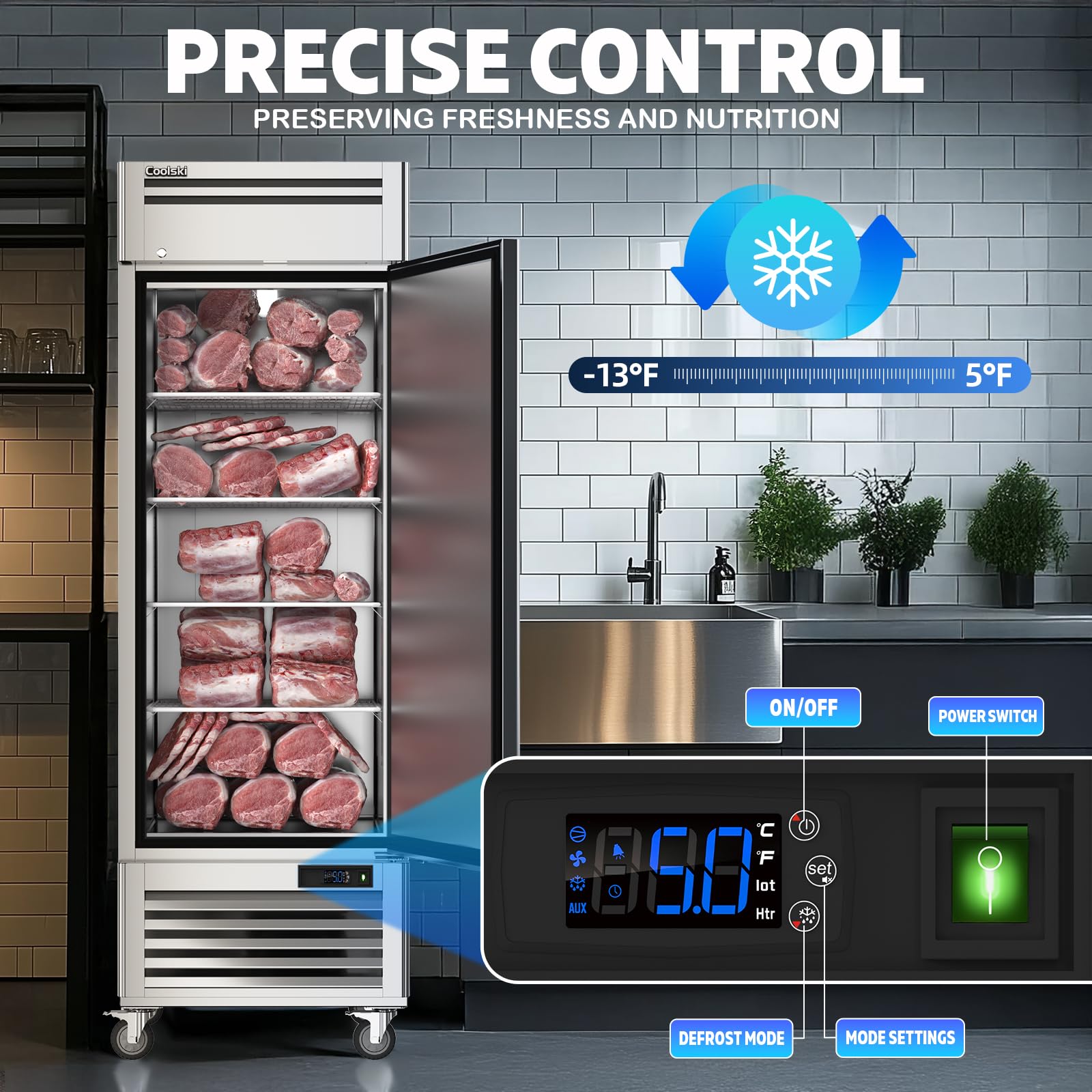 Coolski 19.32 Cu.ft Commercial Freezer Single Solid Door, Upright Reach-in 27" W Stainless Steel Freezer Fan Cooling for Restuarant, Bar, Shop, Garage, -13℉~-5℉, 4 Shelves on Fridge.com