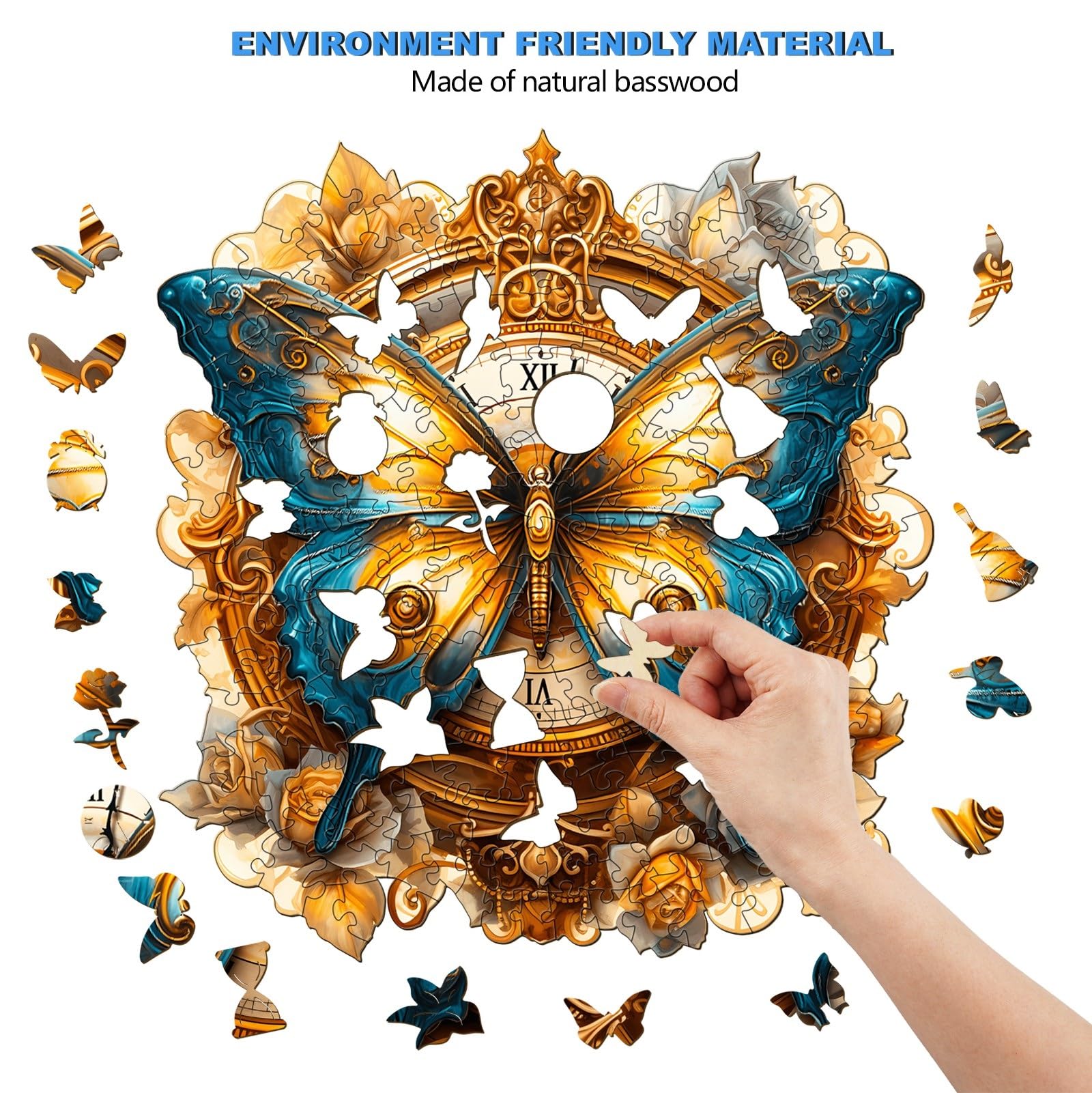 Puzzle in legno per adulti, 270 pezzi, orologio a farfalla, 34 x 31,7 cm, puzzle in legno, irregolare e unico, a forma di animale, con confezione regalo in legno
