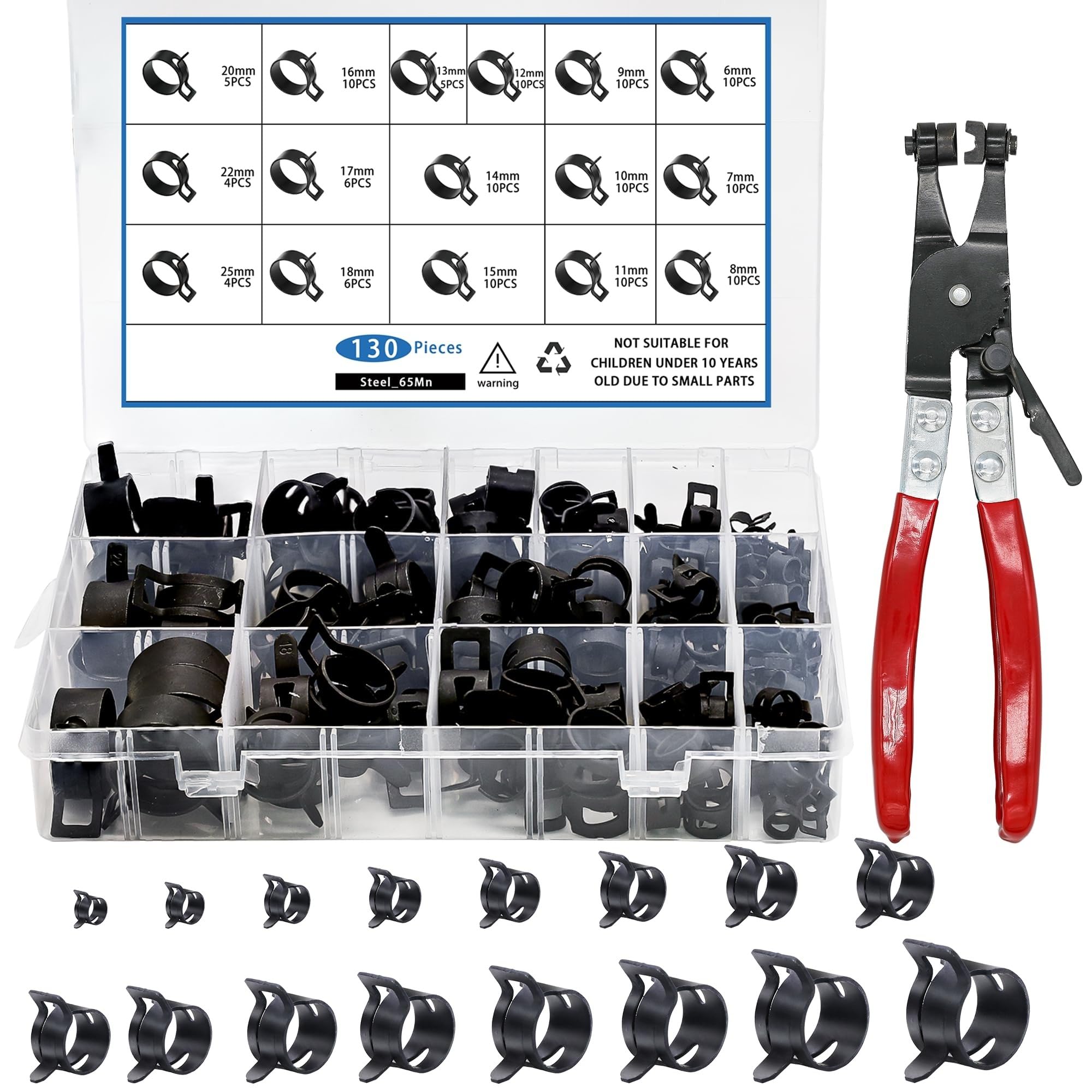 Kit surtido de 130 abrazaderas de presión con alicates, tipo banda de resorte, for manguera de vacío, de 6 a 25 mm.