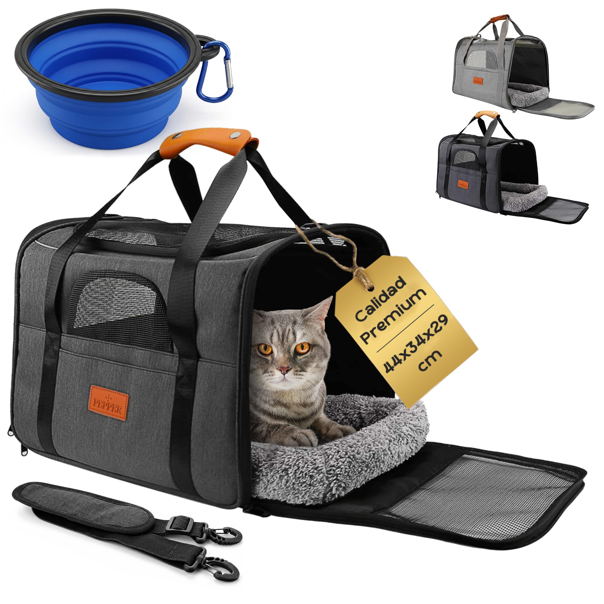 PEPPER® Transportin Cat Dog Small | Foldable and Breathable Transport Bag with 360º Ventilation, Comfortable and Safe with Folding Drinker, Soft Washable Cushion and Adjustable Shoulder Strap