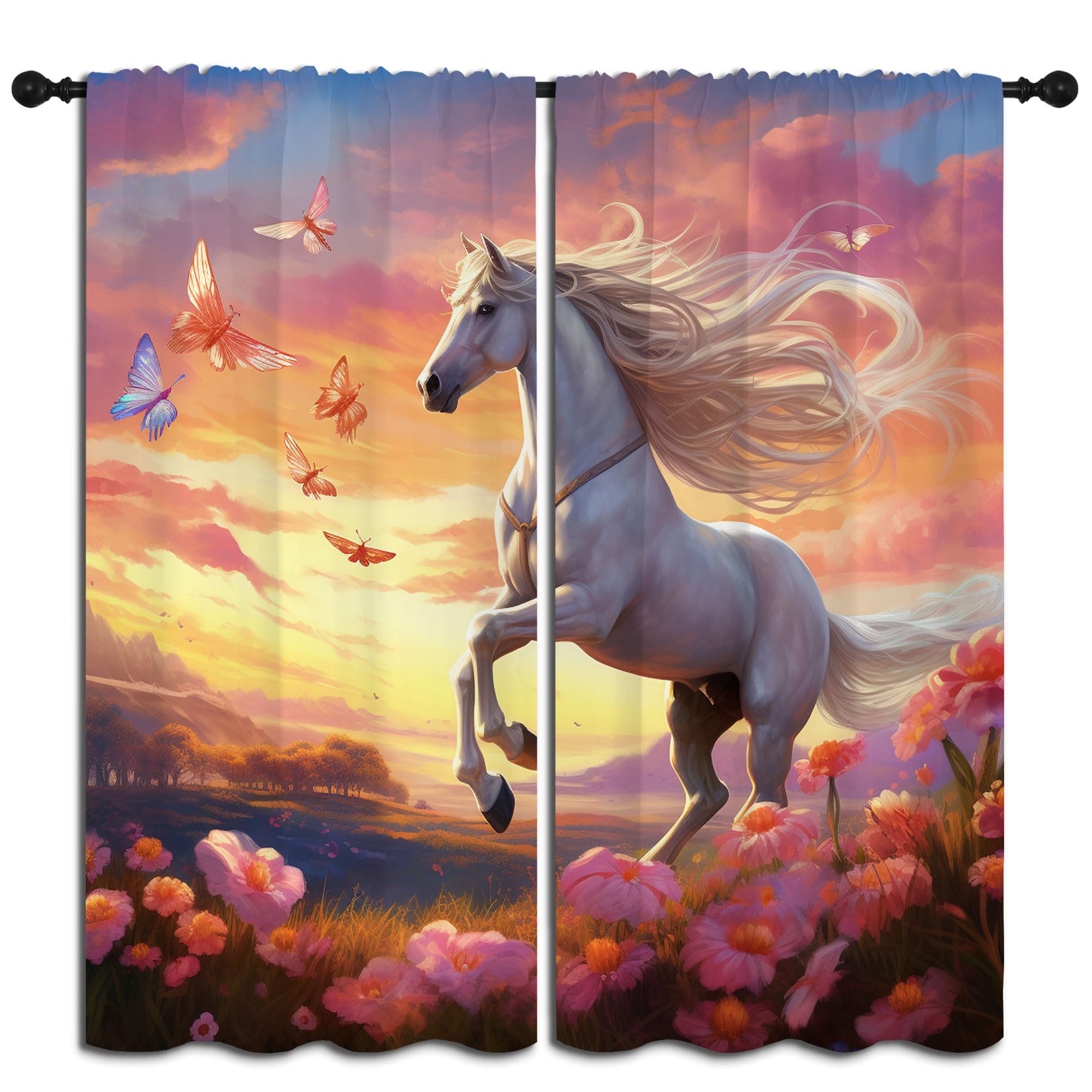 PYMATYTN Farm Animal Blackout Curtains for Boys Girl Bedroom Decor,Funny White Horse Butterfly Floral Thermal Insulated Rod Pocket Drapes Darkening