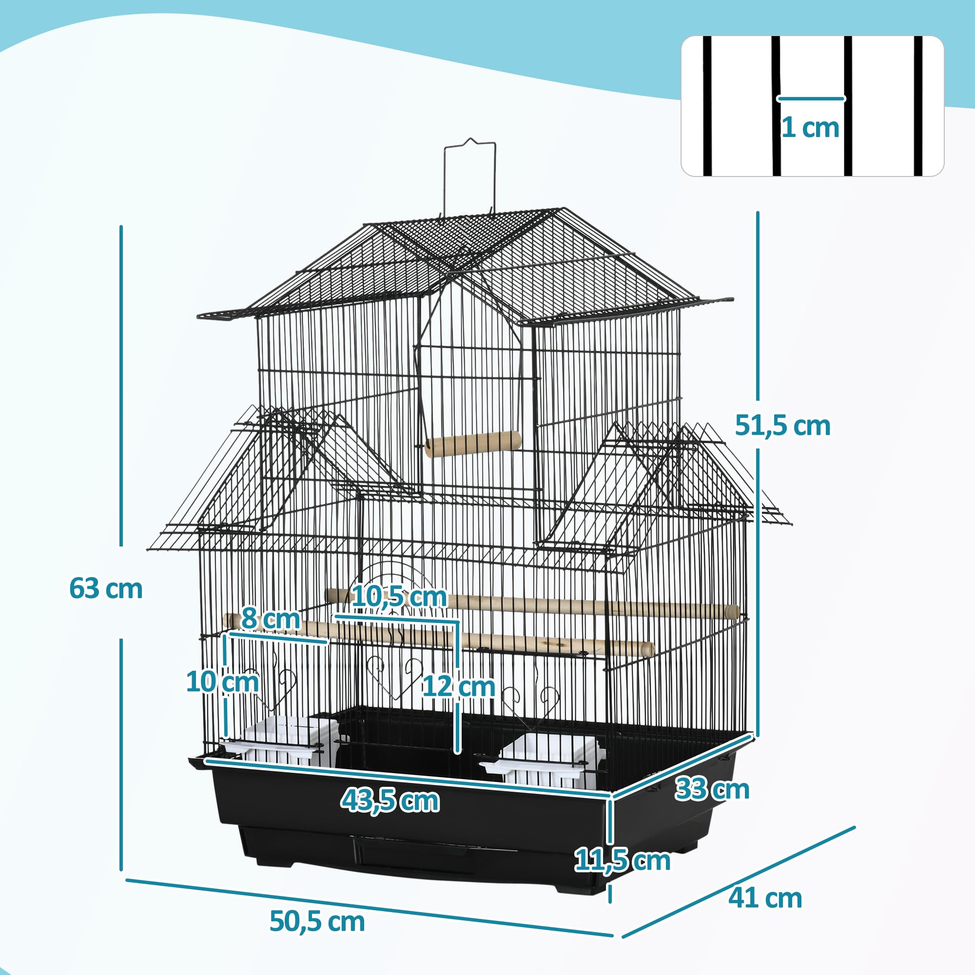 PawHut Vogelkäfig Design Haus Futterhäuser Sitzstangen 3 Türen abnehmbares Kotbrett + Tragegriff 50,5 x 41 x 63 cm schwarz