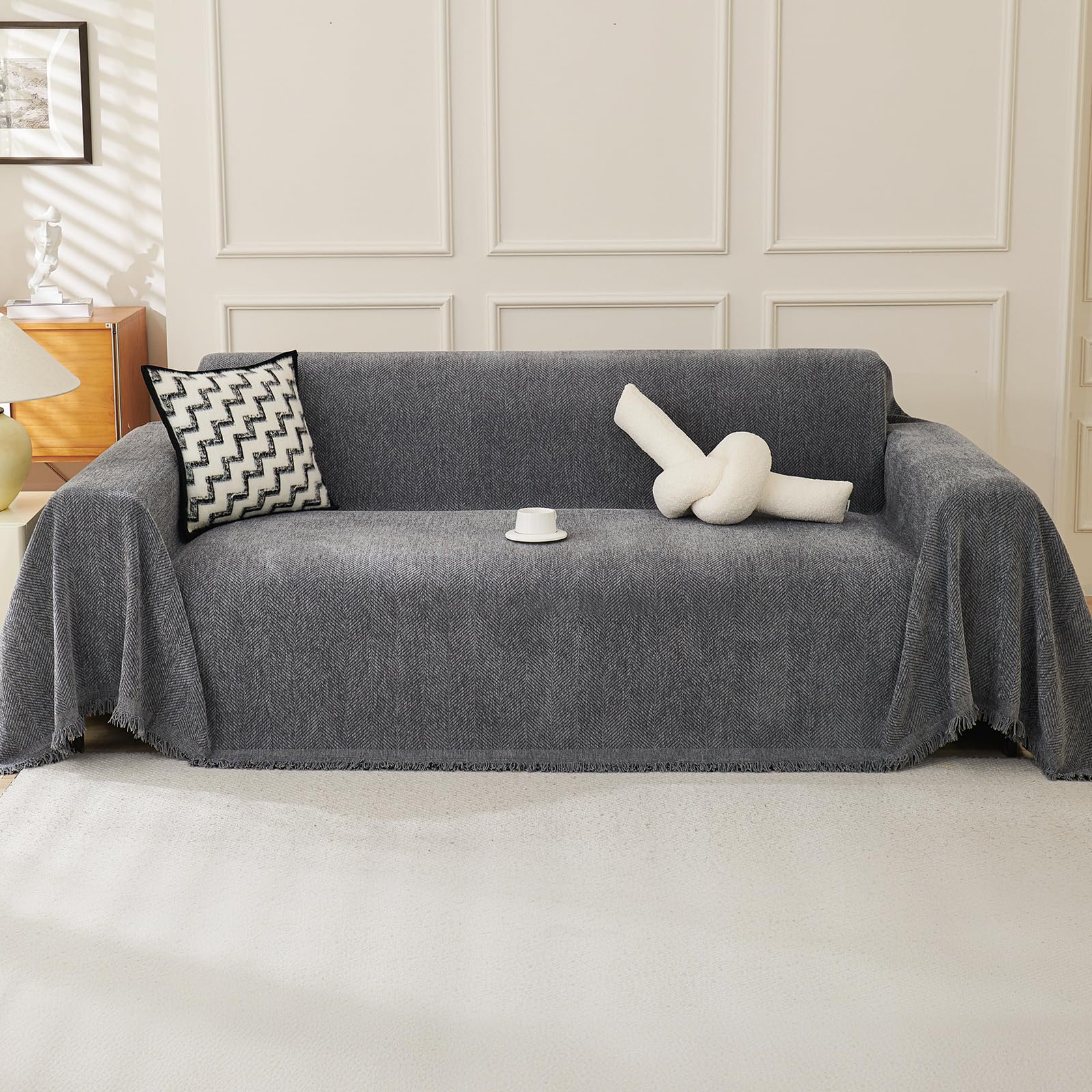 OstepDecor Couch Cover for Dogs, Dark Grey Sofa Covers Washable, Sectional Couch Covers for Sofa L Shape, Couch Blanket Cover, Non-Slip Sofa