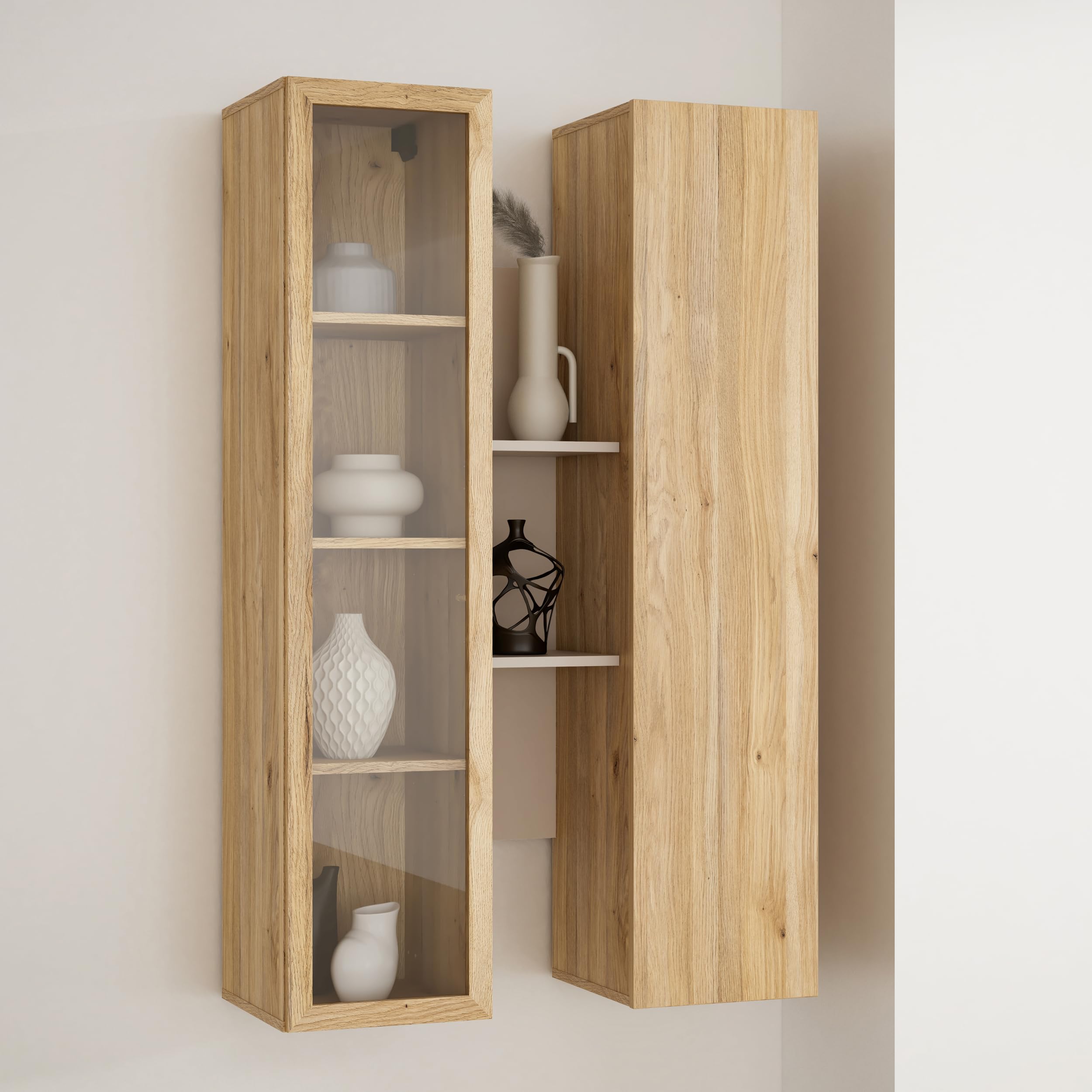 Forte BREATHTAKER Hängevitrine 80 90, moderner Skandi-Stil, 2-türig, beleuchtet, offene Ablage, Wandmontage, Beige/Mauvella Eiche Holzdekor, 84,2 cm breit x 134,6 cm hoch x 33,9 cm tief