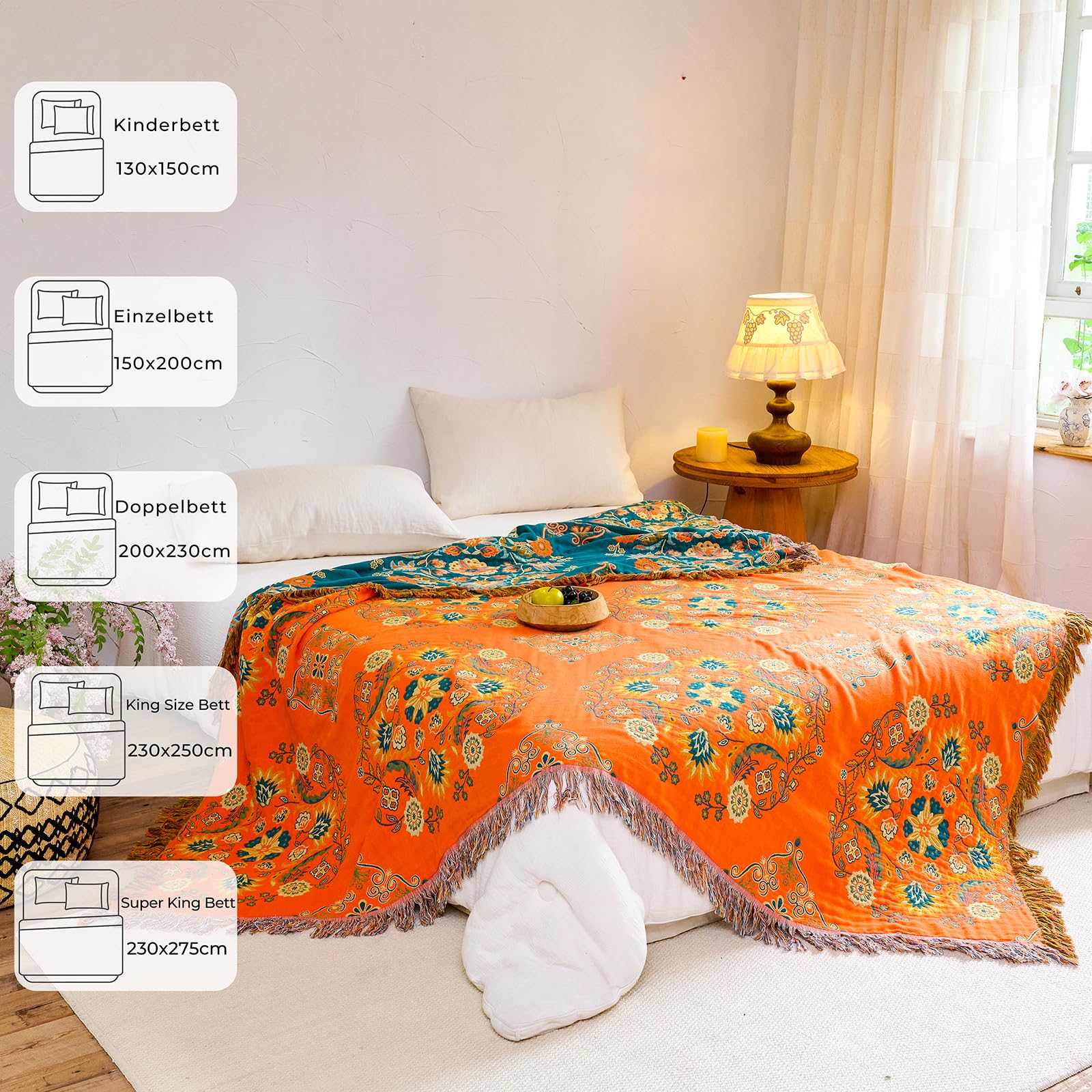 HOORDRY Colcha de algodón, manta para sofá con estampado, 150 x 200 cm, de doble cara, estilo bohemio, reversible, para ver la televisión o en la silla, cama individual