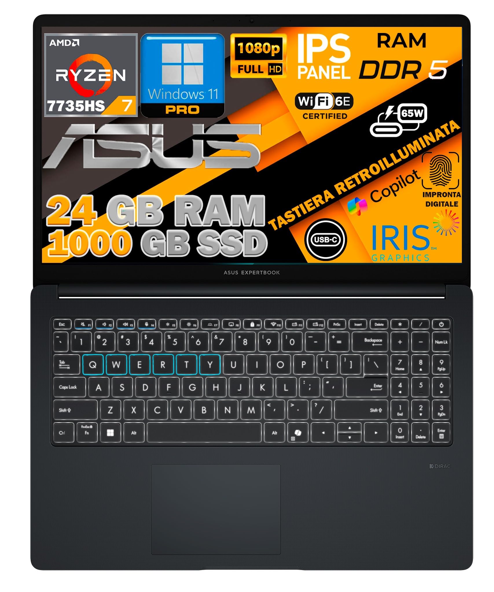 Laptop ASUS 15,6" FHD IPS - Ryzen 7 7735HS, 24 GB DDR5, 1 TB NVMe SSD, WiFi 6E, RJ45, tastiera IT QWERTY, retroilluminata, impronta Digitale, Windows 11 Pro, Pronto all'uso, Webcam FHD