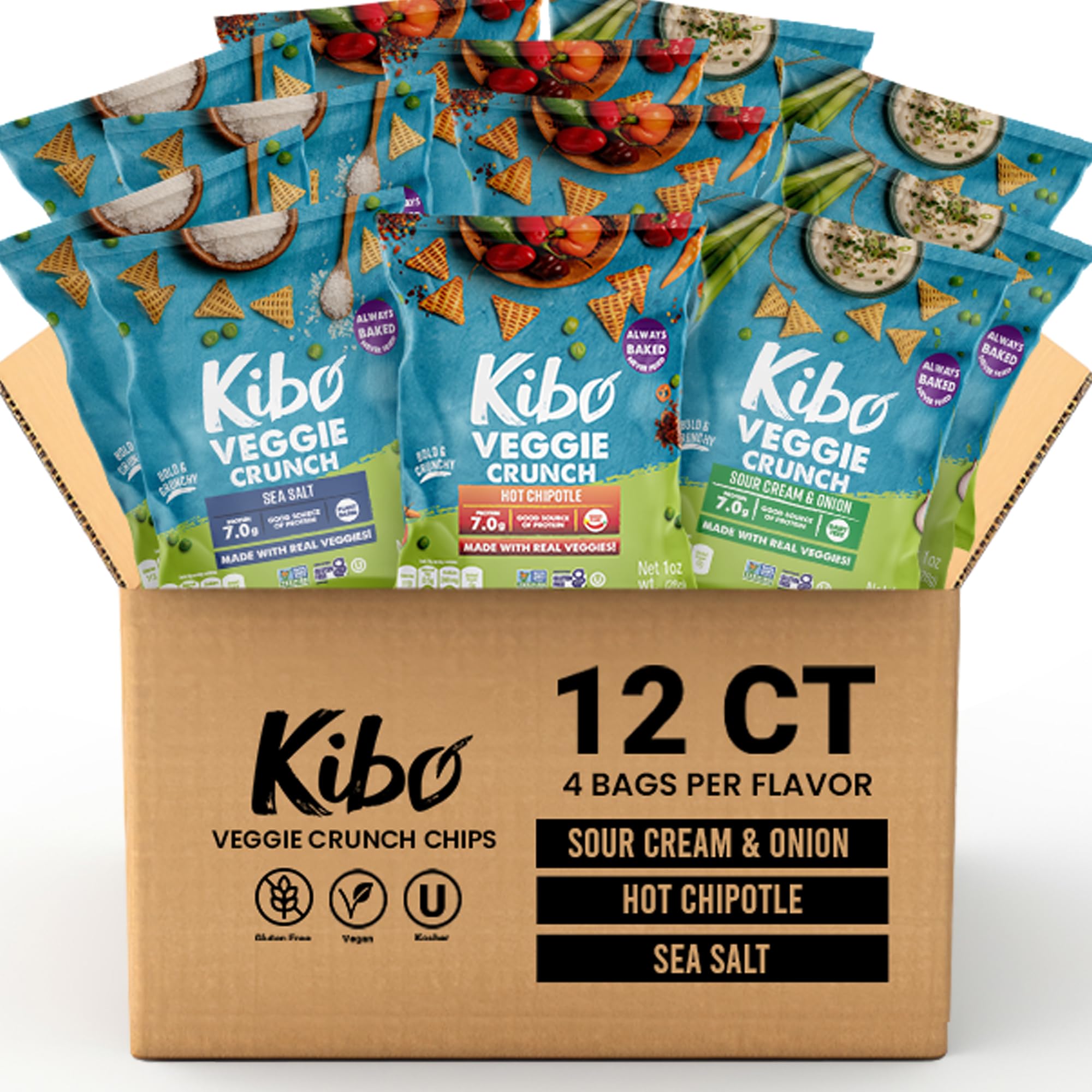 Kibo Veggie Chips Variety Pack - 7g Plant-Based Protein, Sea Salt, Hot Chipotle & Sour Cream & Onion - Gluten & Dairy-Free, Vegan, Non-GMO - 12 Pack