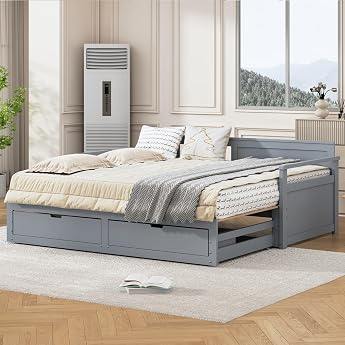 Moimhear Multifunctional Two-in-One Day Bed 90 180 x 190 cm with Pine Bed Drawers and Trundle Bed Mattress Not Included Grey