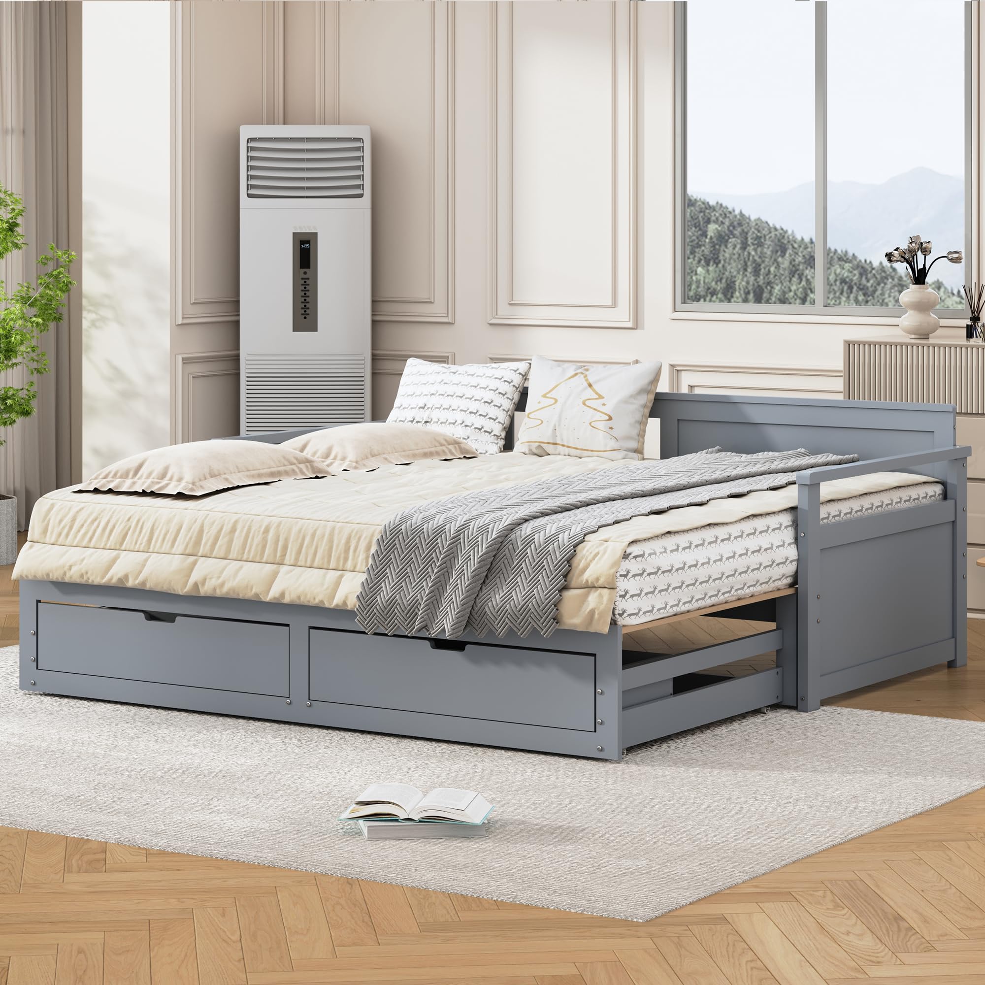 Tagesbett 90 x 190 cm, Ausziehbar auf 180 x 190 cm mit 2 Schubladen und Lattenrost, Platzsparendes Funktionsbett mit Rückenlehne und Armlehnen, aus Kiefernholz, Grau