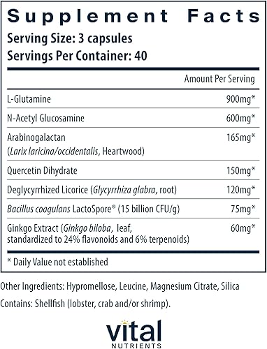 Vista 2 de Vital Nutrients GI Repair Nutrients - Cápsula intestinal con fugas con L glutamina y N-acetilo - Suplemento de enzimas digestivas para apoyar