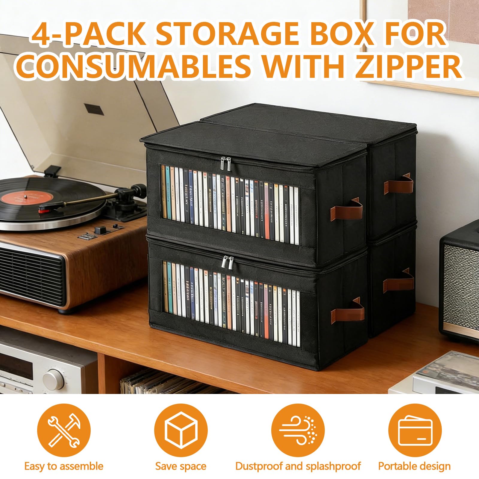 Confezione da 4 scatole per DVD, 43,5 x 22 x 22 cm, con coperchio con cerniera e finestra, contenitore per 50 DVD in custodie piene, 85 DVD in custodie sottili e 220 dischi in custodie per CD