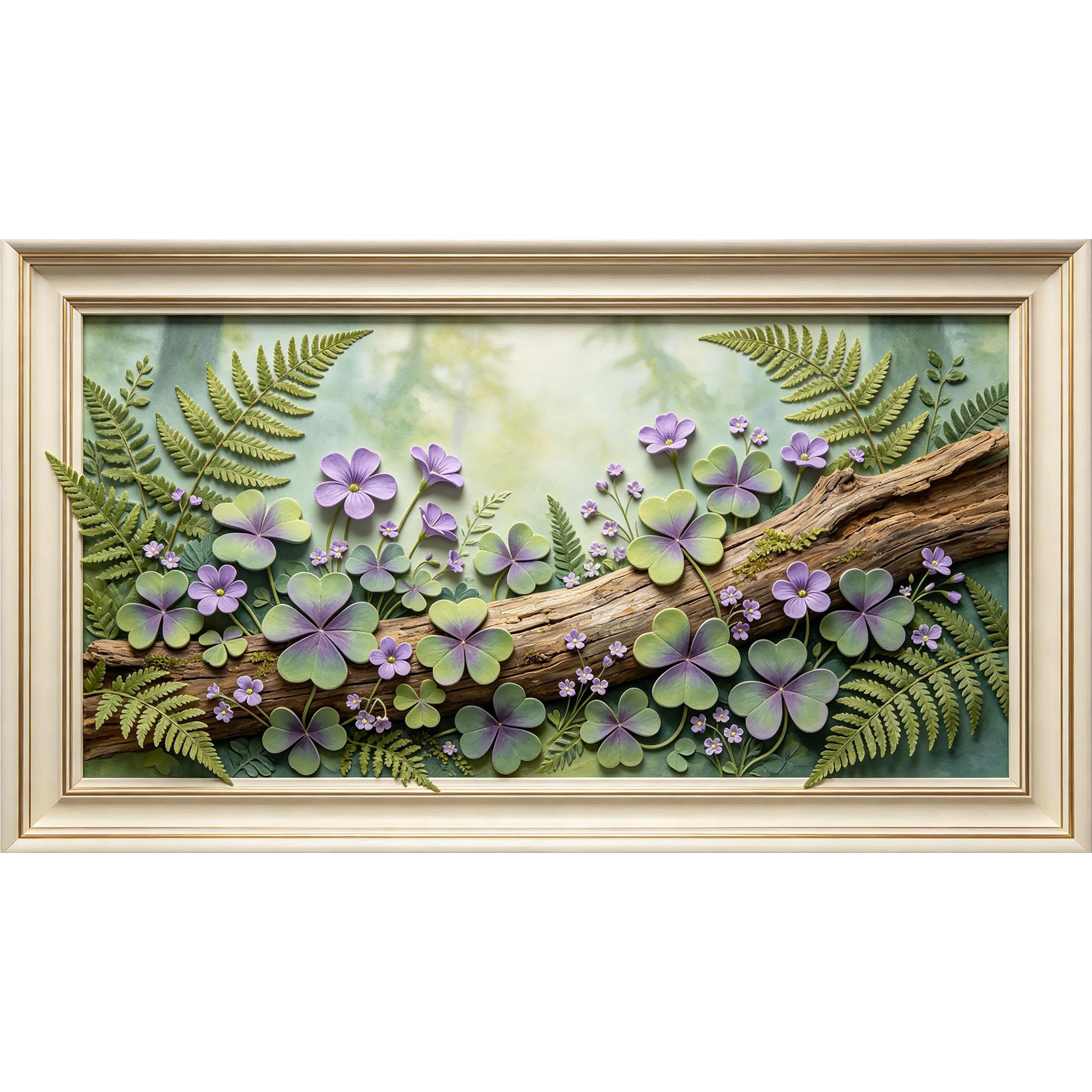 QZLITHOTIC 50x90cm3D Framed Wall Art， Botanical Fern Clover Floral Self‑Adhesive Mural， Water‑Activated Peel & Stick Fabric Decor Wall Decal for Bedroom Living Room