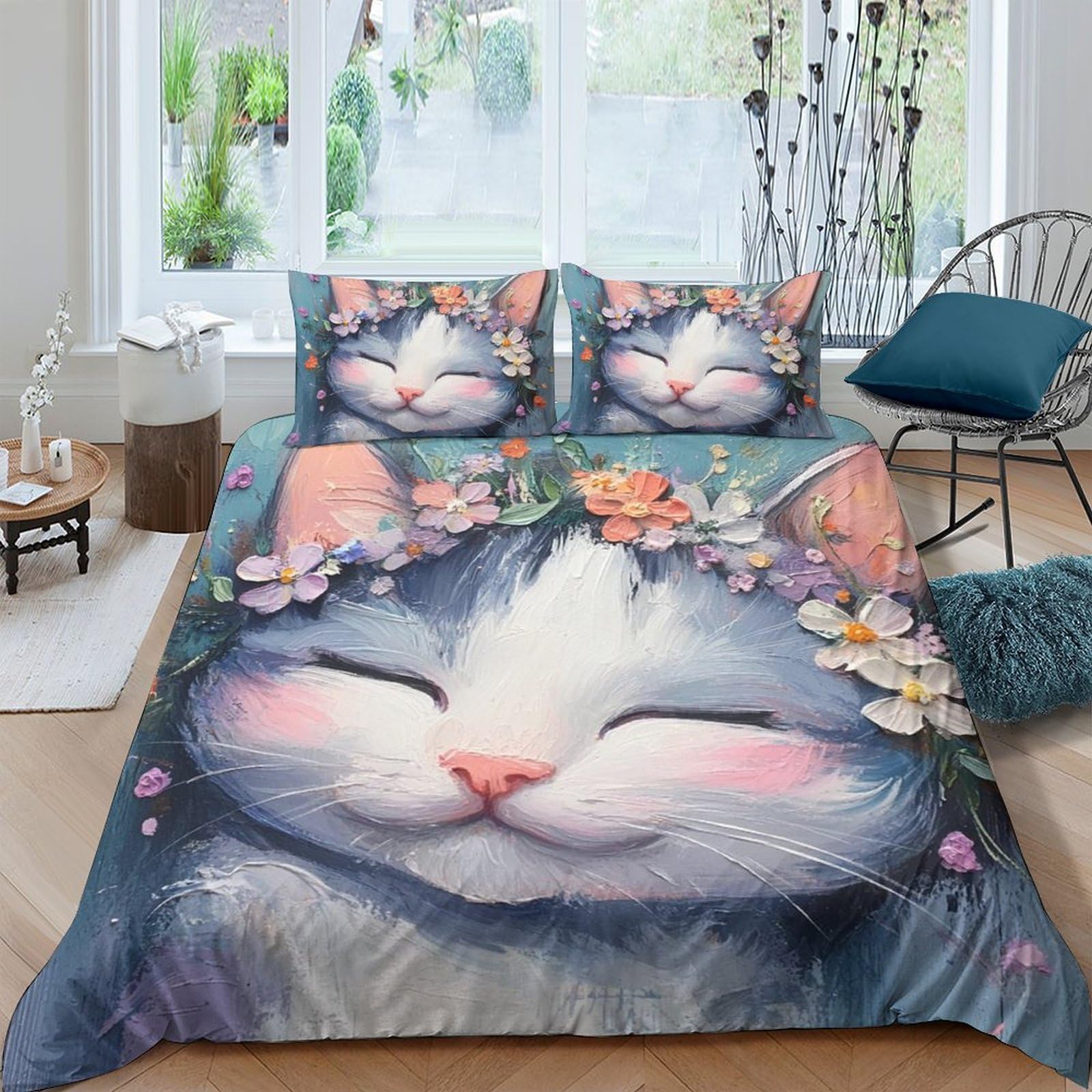 Ctjqhvkz Style-6 3D Printed Cat Face Fitted Sheet Microfiber Cartoon Flower Bed Cover Anti-Slip Easy Care For Bedroom Guest Room Decor Single（135X200cm）