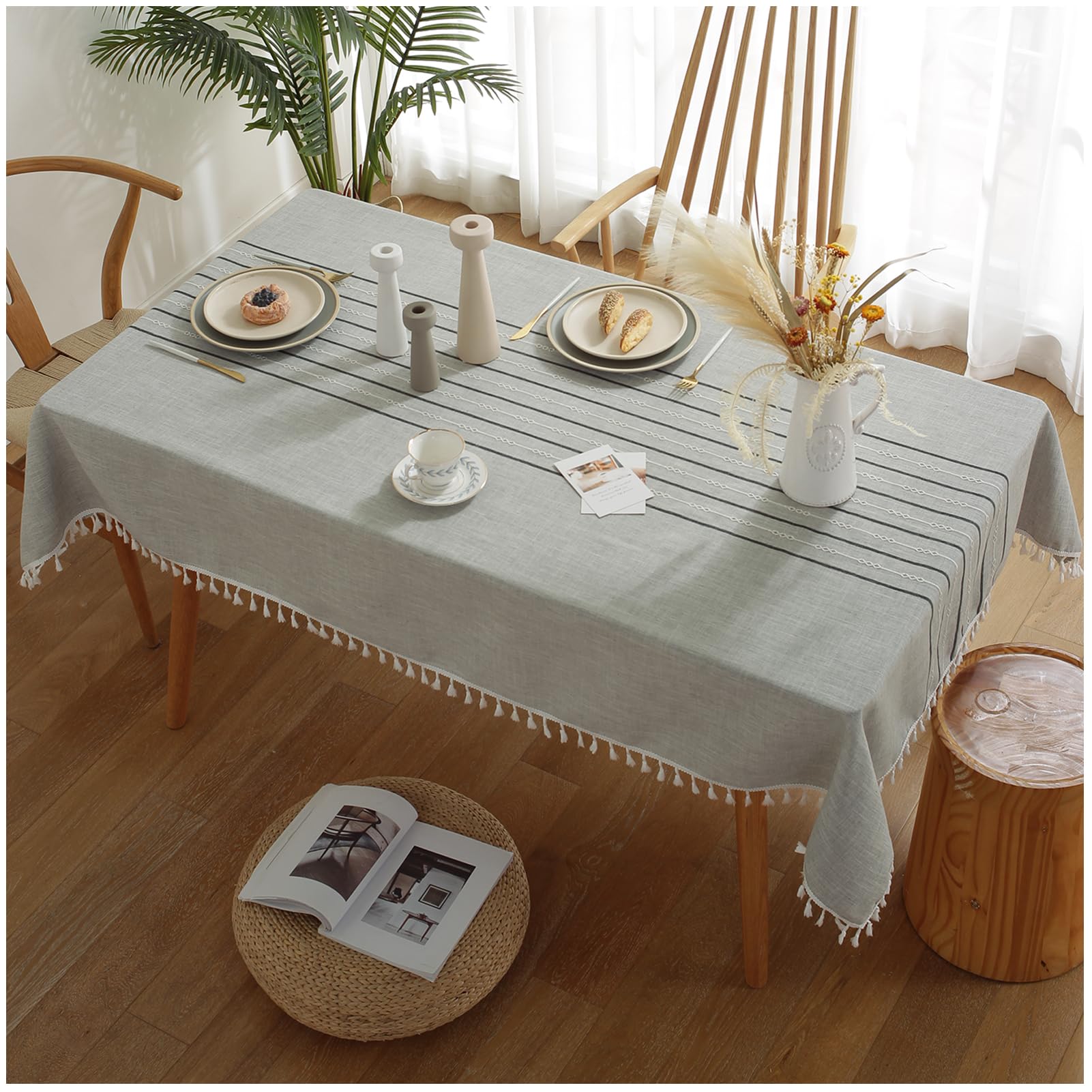 Bawełniany, lniany obrus, 130 x 205 cm, szary, pyłoszczelny, obrus na stół z frędzlami, elegancki ochraniacz na stół do jadalni, kuchni, restauracji i na specjalne okazje