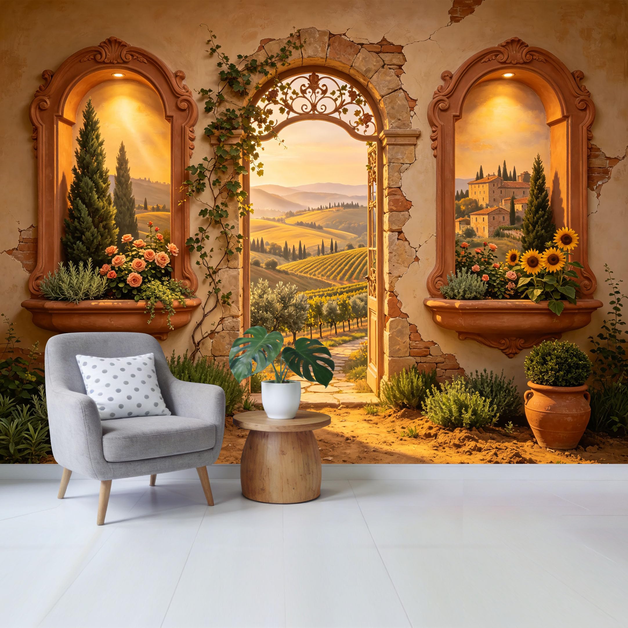 Removable Self Adhesive Fabric Mural， Tuscan Landscape Vineyard Archway Custom Size Wall Covering， UV Protected Waterproof Washable Wall Decor for Living Room Bedroom Bathroom