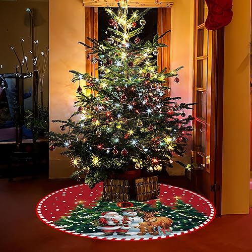 Miniatura 7 de Falda de árbol de Navidad, 48 pulgadas, falda roja de árbol de Navidad, falda de árbol de Navidad de Papá Noel y muñecos de nieve, tapete grande de