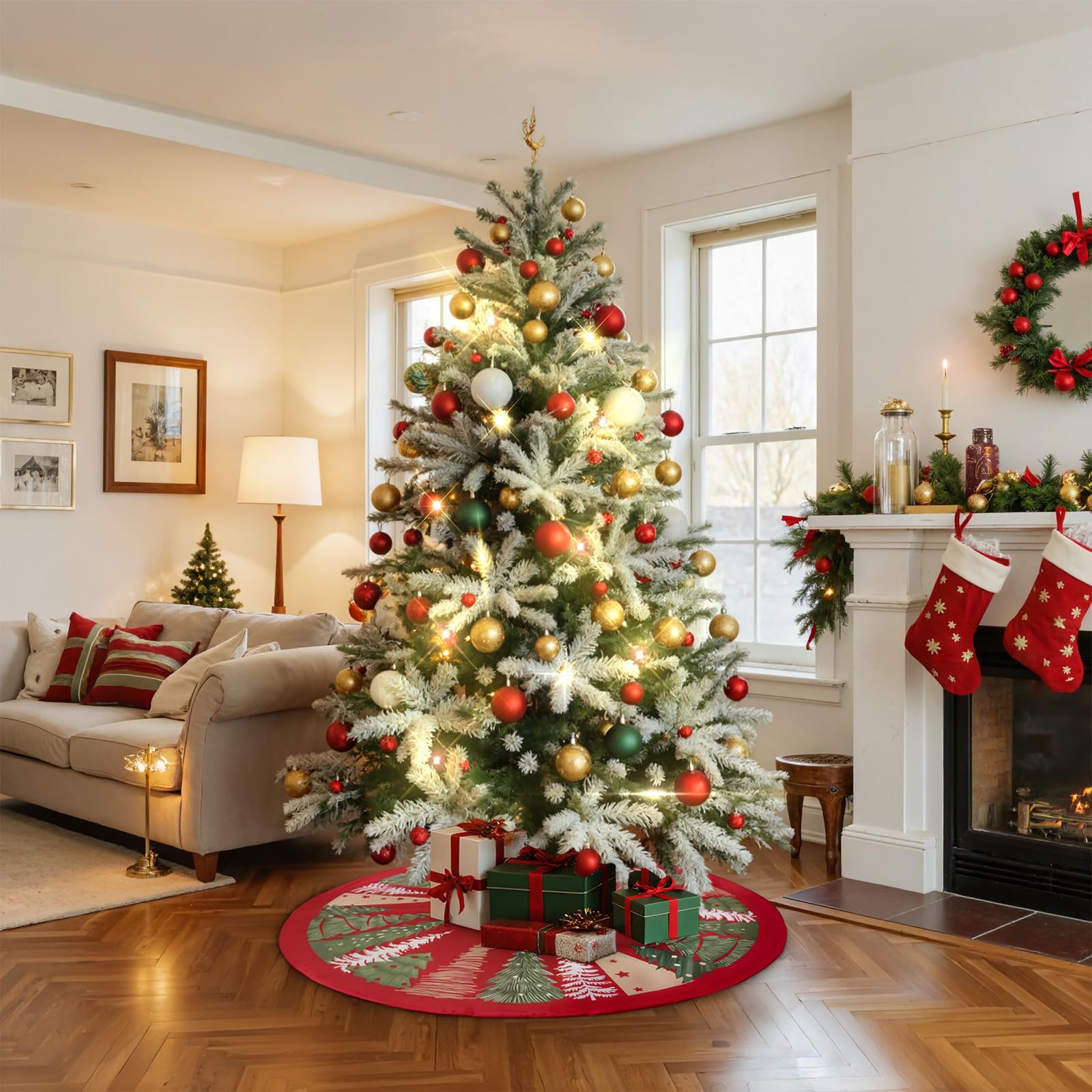 Lanpn Tappeto Sotto Albero di Natale Copribase Albero 90cm, Grande Velluto Copertura Base Tappetino Copri Base Piede Gonna per la Decorazioni per interni per feste invernali in casa (Rosso)