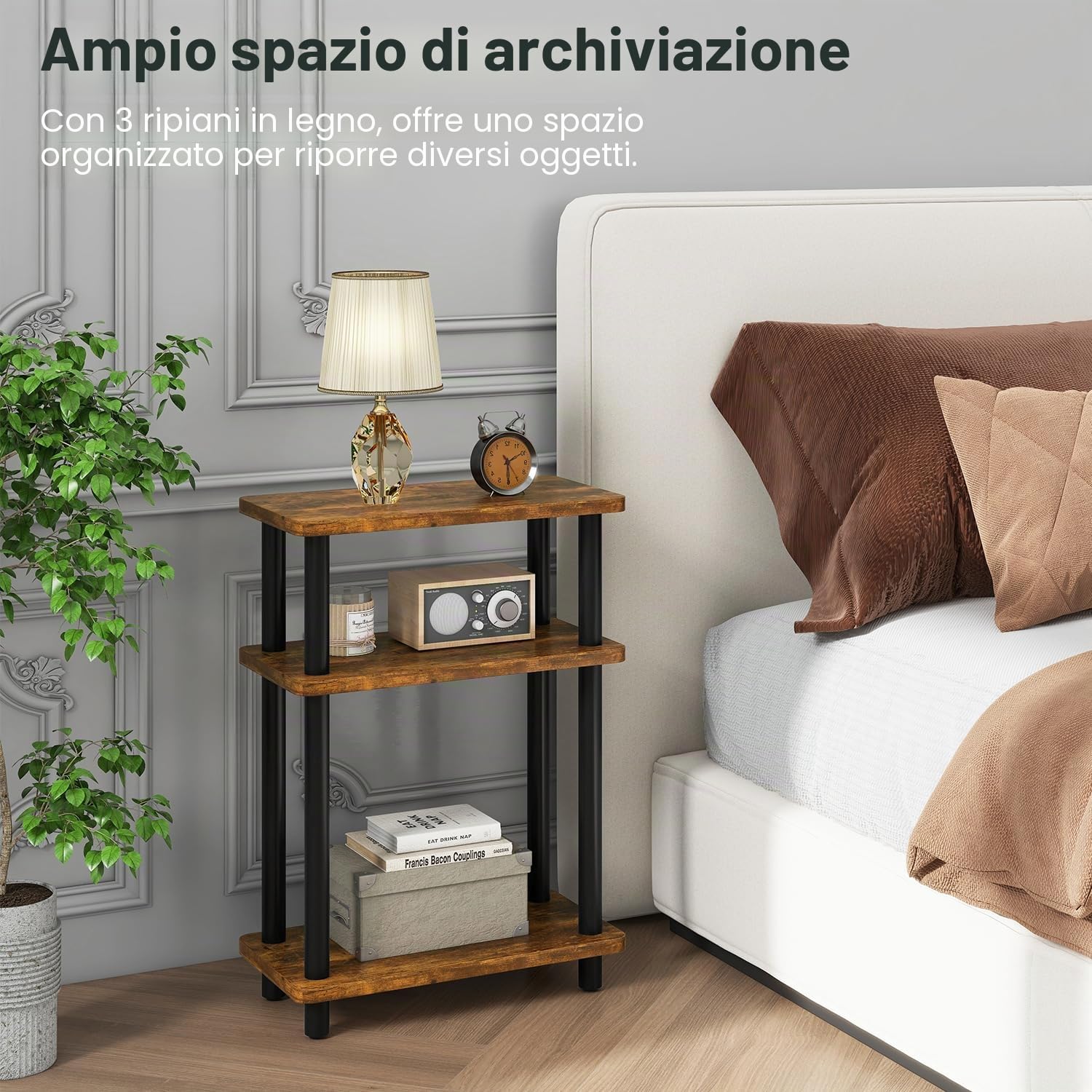 IBUYKE Tavolino da Salotto con 3 Ripiani,Tavolino Divano,Marrone WST009H | 40 x 18 x 62.5 cm,Comodino Sottile per Soggiorno,Camera da Letto, Ufficio, Montaggio Senza Attrezzi