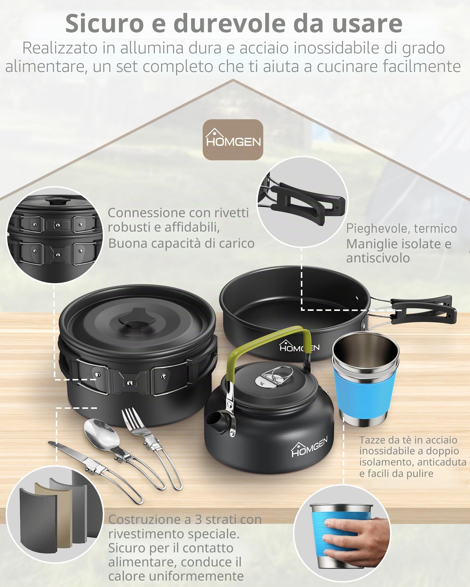 HOMGEN Set da campeggio in alluminio con posate pieghevoli per 2-3 persone | Set portatile e leggero, pentole e padelle da campeggio, adatto per un fornello da campeggio, con custodia, antiaderente