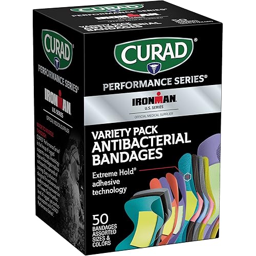 Curad Performance Series Ironman Antibacterial Bandages, Extreme Hold Adhesive Technology, Assorted Variety Pack Includes Standard, XL, Finger & Knuckle Fabric Bandages, 50 Count