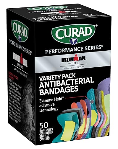 CURAD Performance Series IRONMAN Antibacterial Bandages, Extreme Hold Adhesive Technology, Finger & Knuckle Bandages, Flexible Fabric, Variety Pack with Assorted Sizes & Colors, 50 Count - Antibacterial Bandages