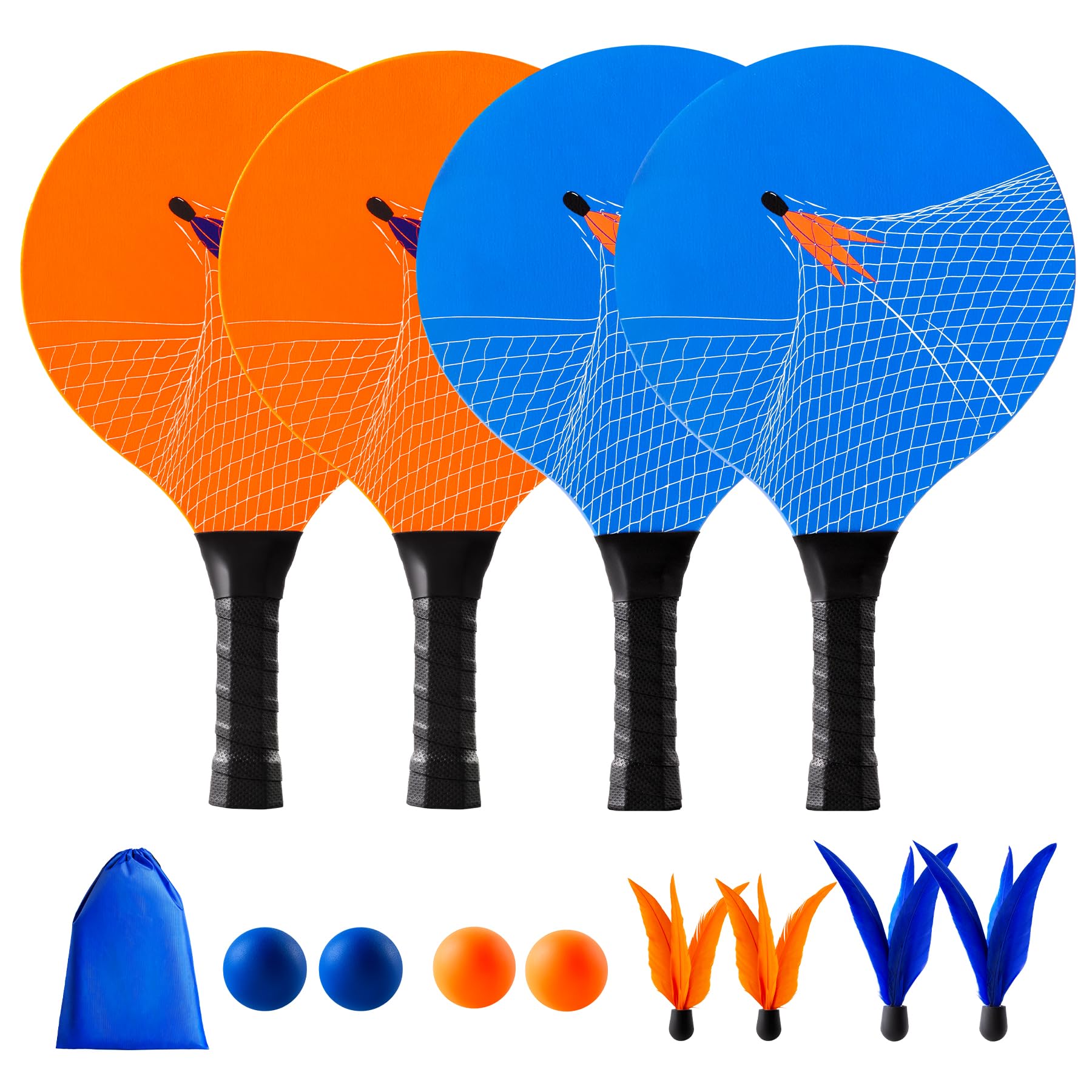 U&C Planet Beachball Set Paddle Ball Game Wooden Beach Bat Set Racket Game for Children&Family 4 Paddles 4 Balls and 4 Birdies Toys for Garden Beach Party