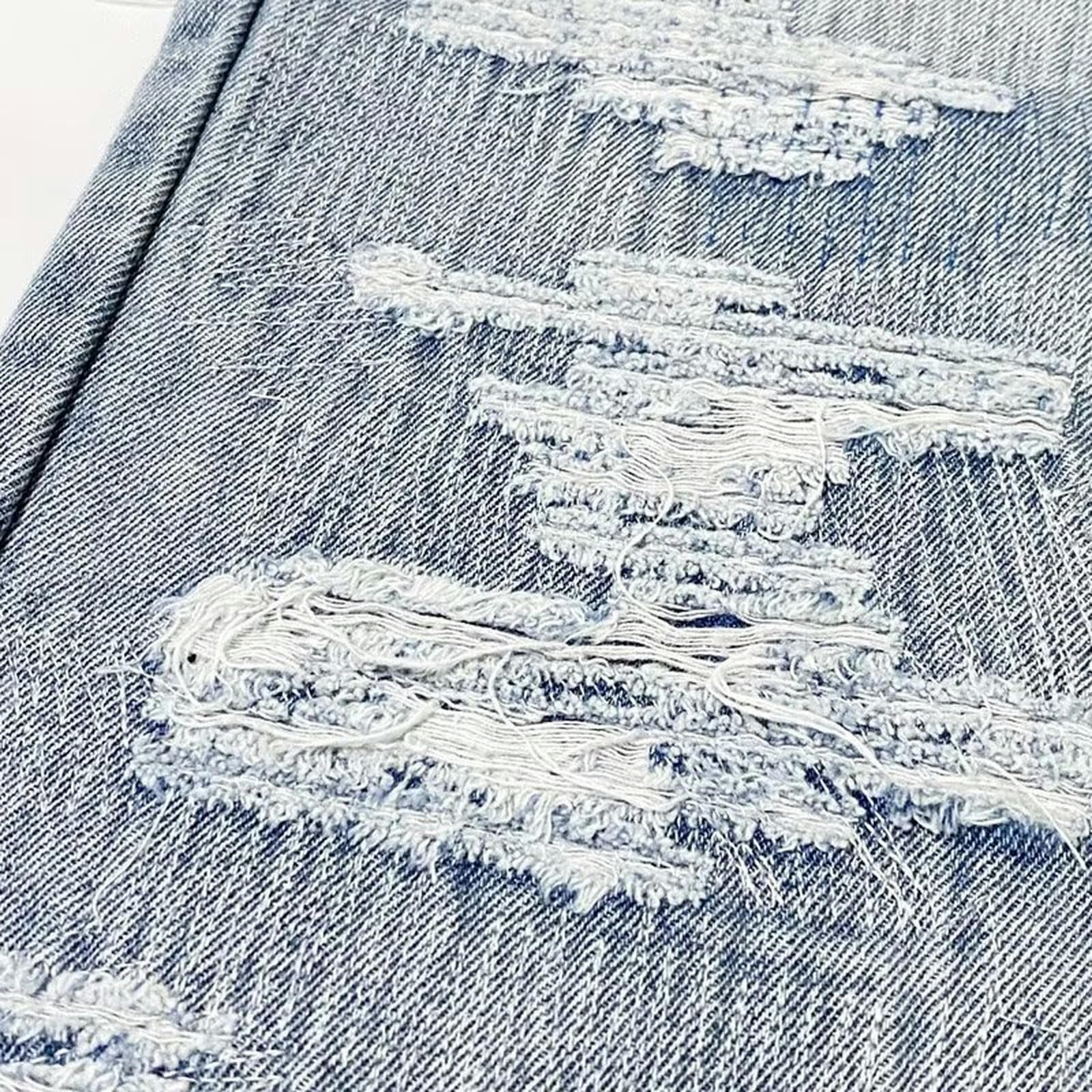 Jeans da Uomo Larghi con Toppa alla Moda in Jacquard elettronico, Stile Distrutto e Lavato - Blu - S
