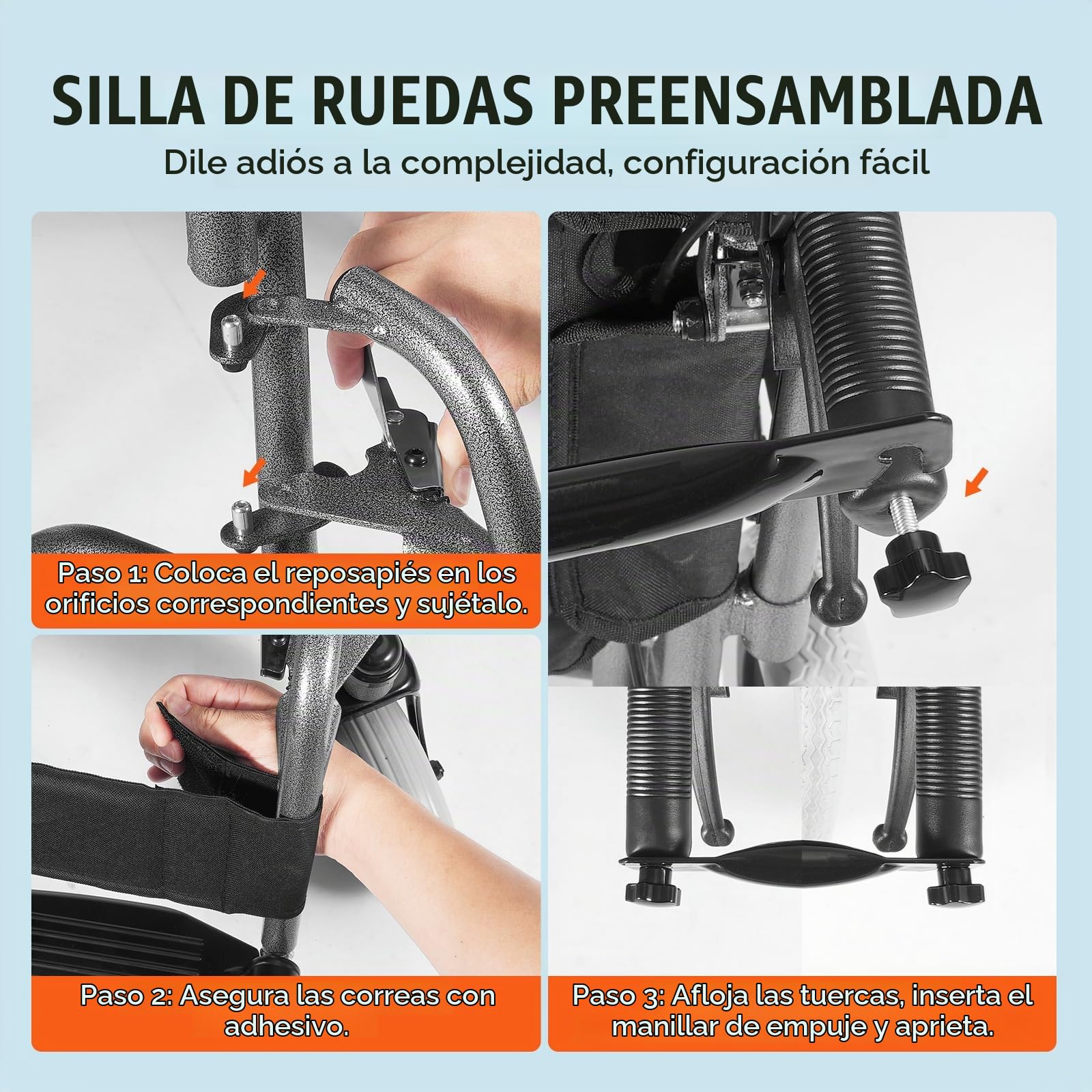 VEVOR Silla de Ruedas de Transporte de Acero al Carbono para Adultos, con Reposabrazos Desmontable, Freno Autoblocante, Capacidad de Peso de 136 kg, para los Discapacitados, 1045 x 770 x 918 mm