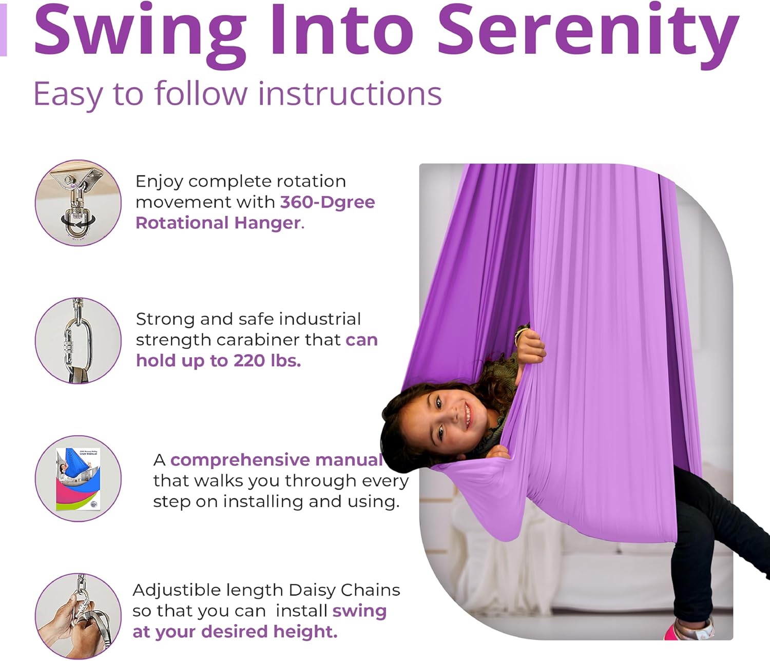 AWA Sensory Swing Indoor for Kids & Adults with Special Needs (Includes Hardware) Indoor Swing for Kids & Adults with Autism, ADHD, and Sensory Processing Challenges (Pink/Purple)