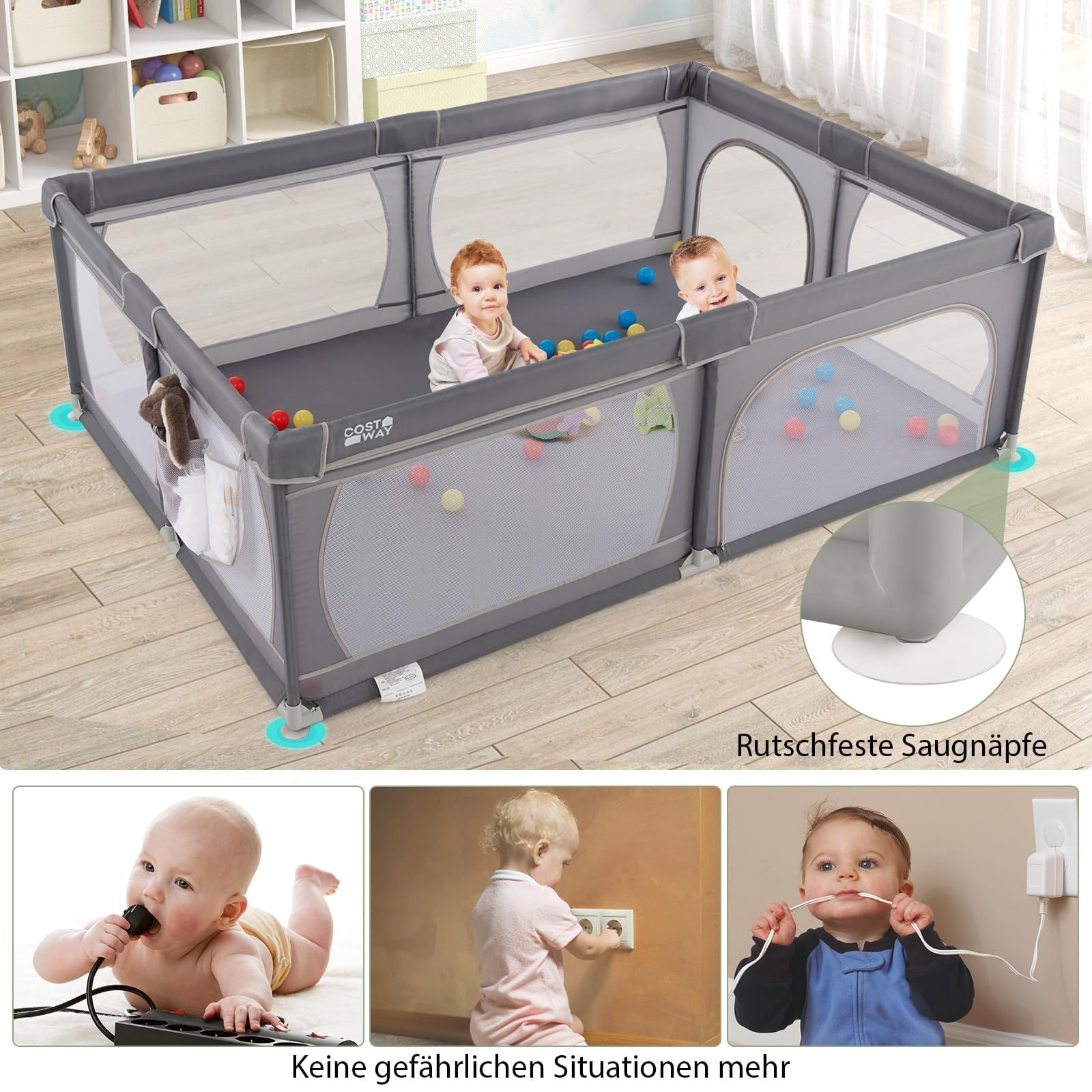 COSTWAY 205 x 147cm Laufstall Baby faltbar, Laufgitter mit 50 Bällen, 2 Türen, Seitentasche, atmungsaktivem Netz & Reißverschluss, Laufgitterzelt für Säuglinge & Kinder (Dunkelgrau)