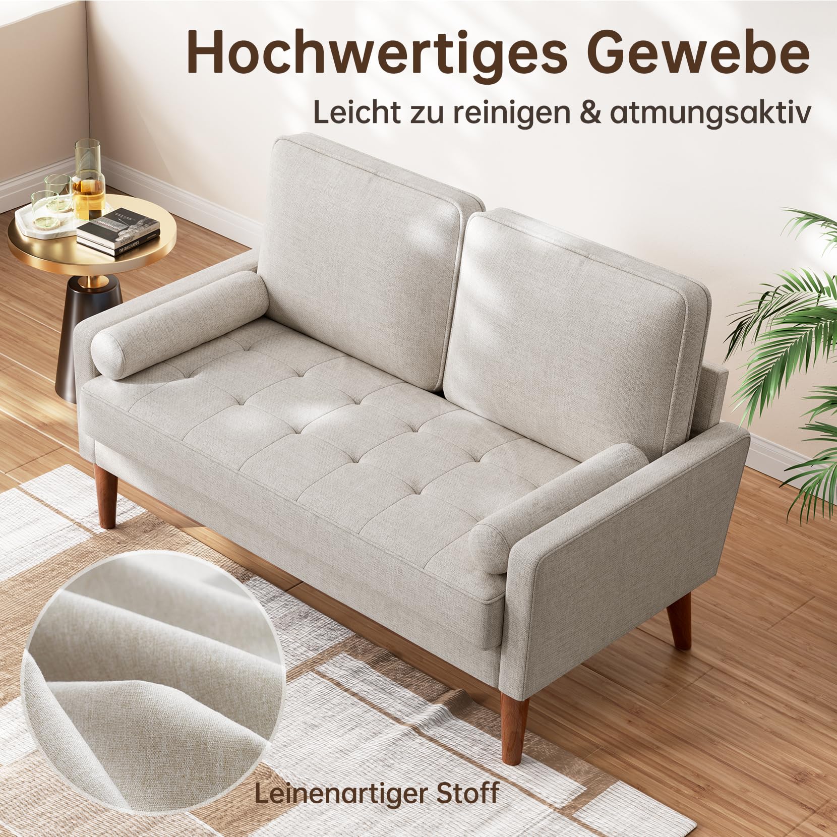 Vesgantti Sofa 2-Sitzer, 121 cm, Stoffcouch, Beigegrau, Couch 2 Sitzer mit 2 Wurfkissen, Kleine Stoffcouch mit Armlehne, Knöpfe Sitzkissen Gästesofa für Wohnzimmer/Wohnung/Büro