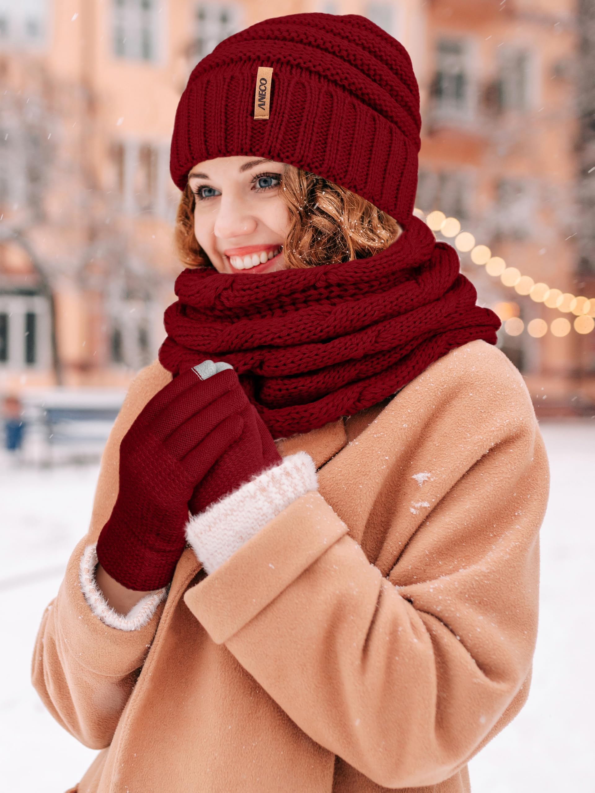 Aneco Winter Warm Knitted Scarf Beanie Hat And Gloves Set Men & Women Soft Stretch Hat Scarf And Glove Set