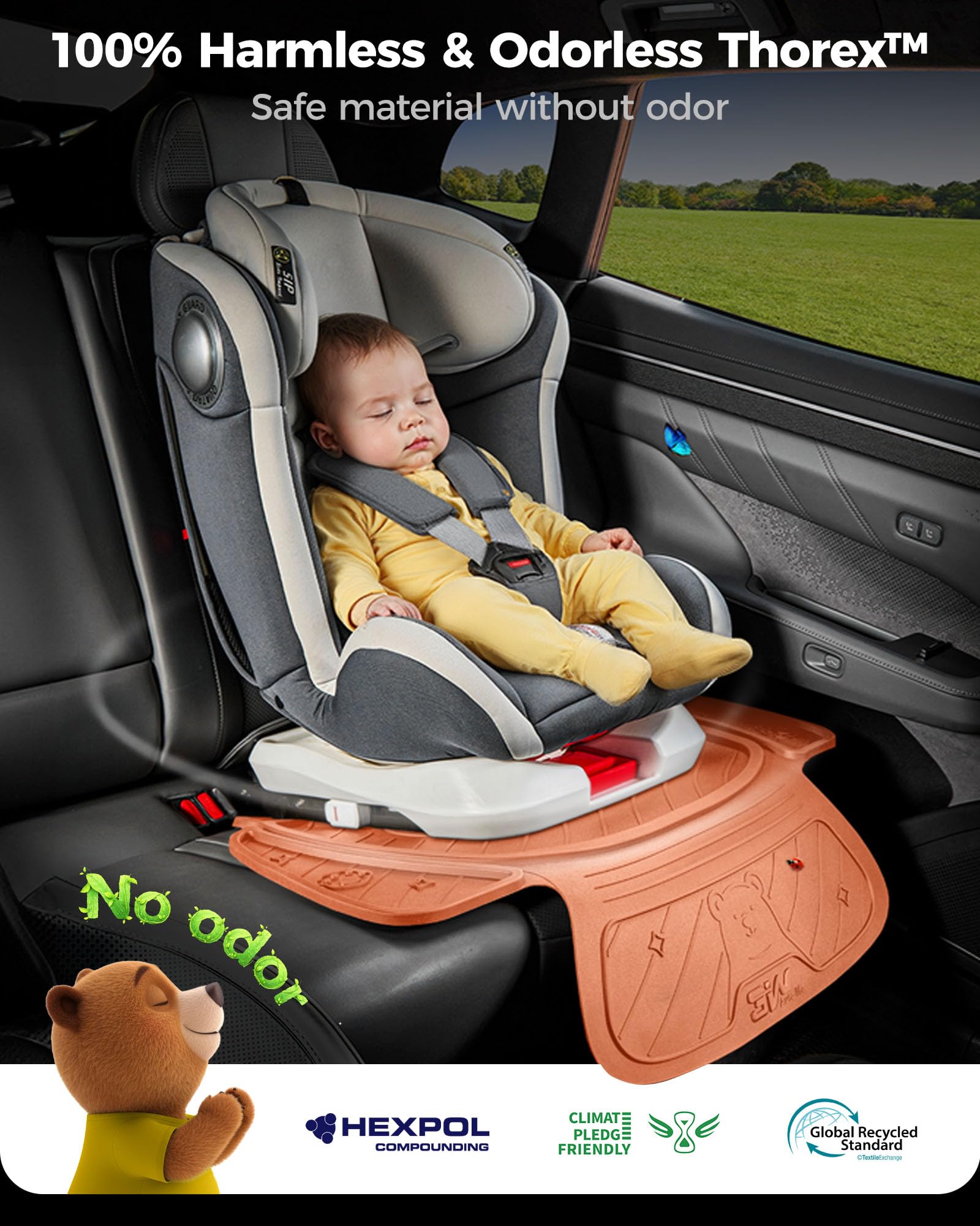 3W ISOFIX podkładka na fotelik samochodowy, kolor pomarańczowy, uroczy wzór misia, wodoodporna i antypoślizgowa, trwała nakładka na fotel samochodowy, czarna