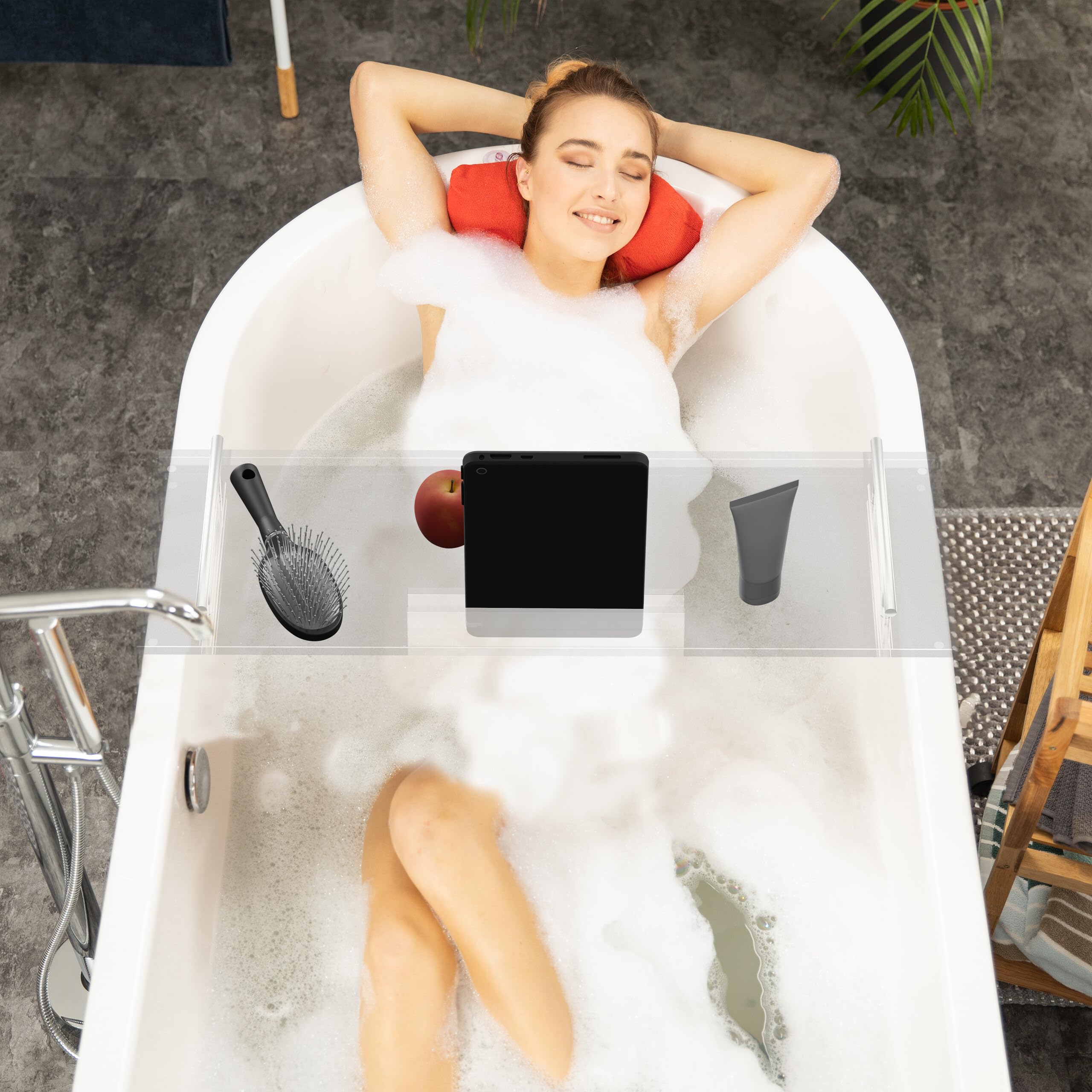 Relaxdays Mensola per Vasca da Bagno, Vassoio in Acrilico, LxP 68x23 cm, Tavola con Supporto per Tablet, Trasparente