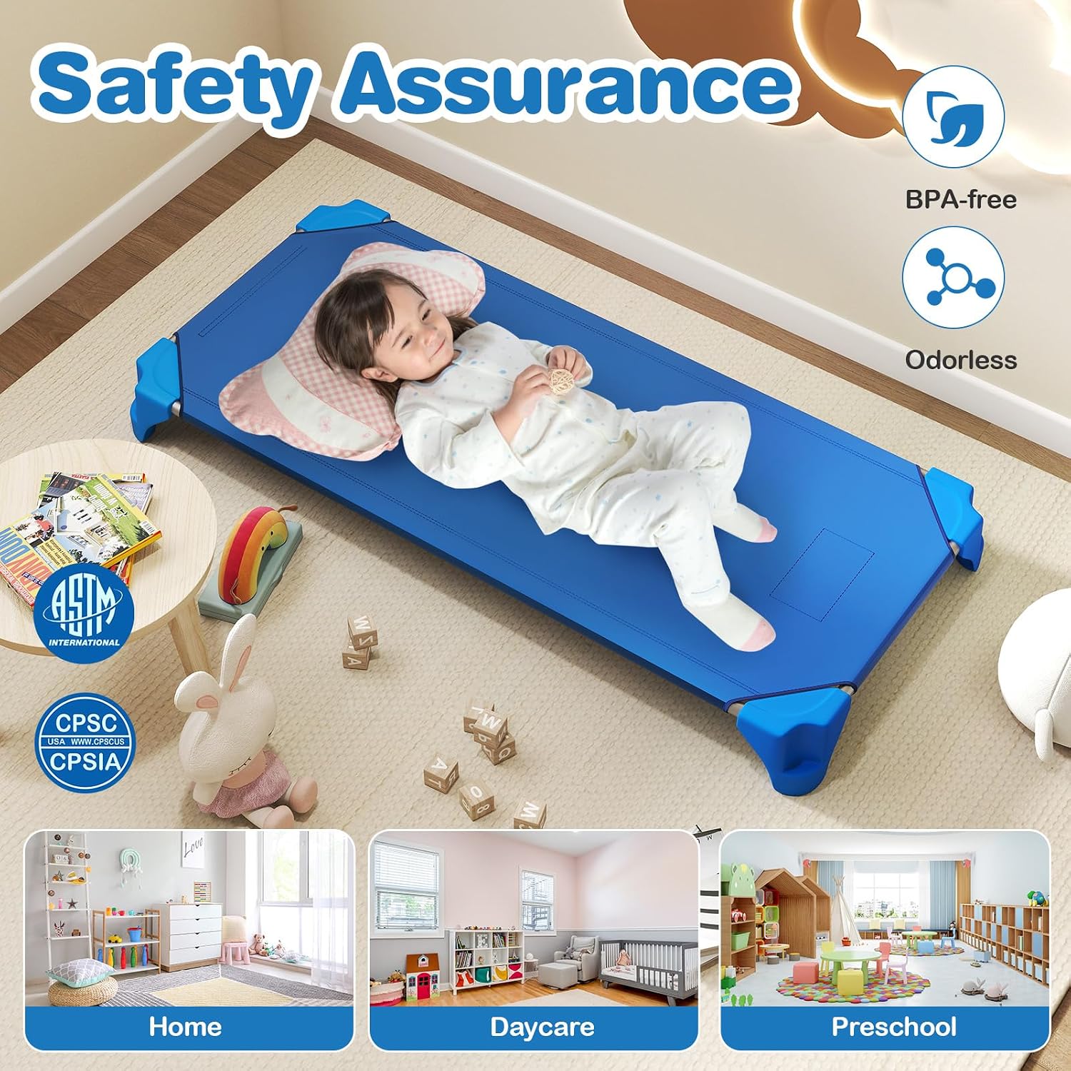 KOTEK Stackable Daycare Cots for Kids, Portable Children Nap Cot, 52" L x 23.5" W, Ready-to-Assemble, Space Saving Toddler Preschool Cots for Sleeping Naptime (6 Pack, Blue)