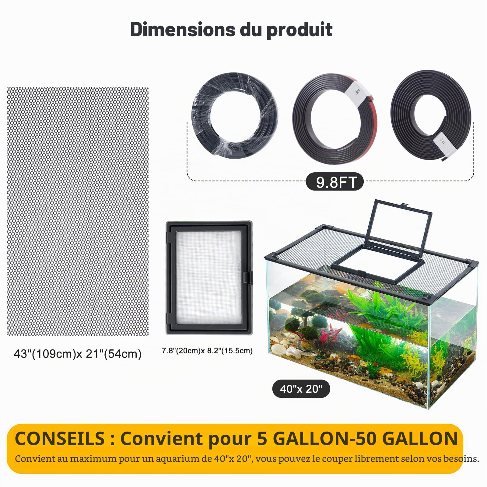 Uross Couvercle de réservoir de Poisson avec fenêtre - Couvercle magnétique pour Aquarium de réservoir de Poisson - Filet Anti-Saut - Maille pour protéger Les Poissons Saut Hors du