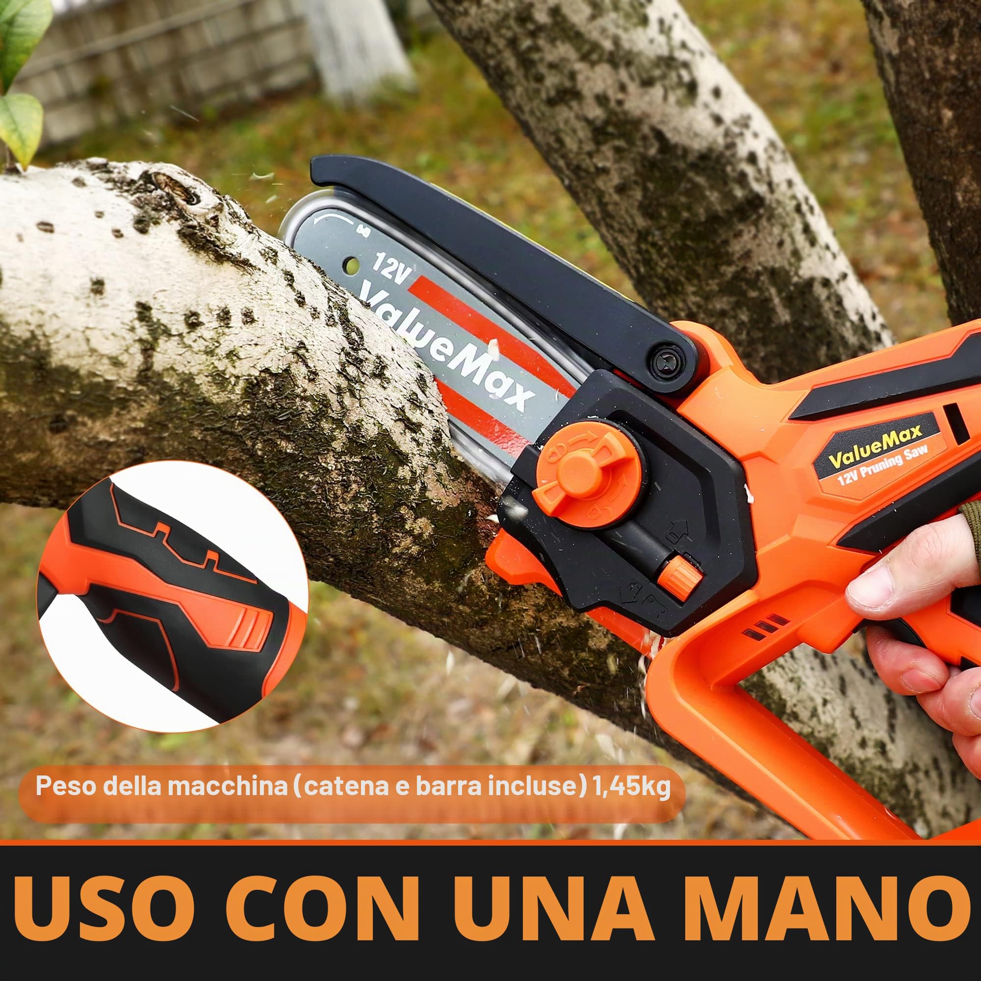ValueMax Mini Motosega a Batteria 12V, Motosega Elettrica Portatile Senza Filo 11cm (4 Pollici), Sega per Potatura con Caricatore, 2 Batterie da 2,0Ah e Custodia in Plastica Portatile