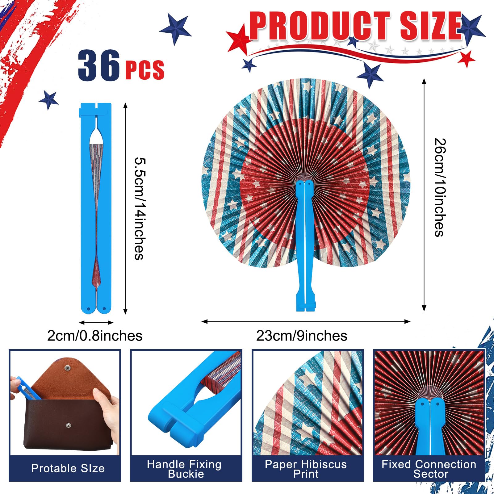 Vercraft 36 Pcs Patriotic Star and Stripe Folding Fans Fourth of July Party Supplies USA Vintage Round Handheld Paper Fans with Plastic Handle Parade Independence Day Decorations