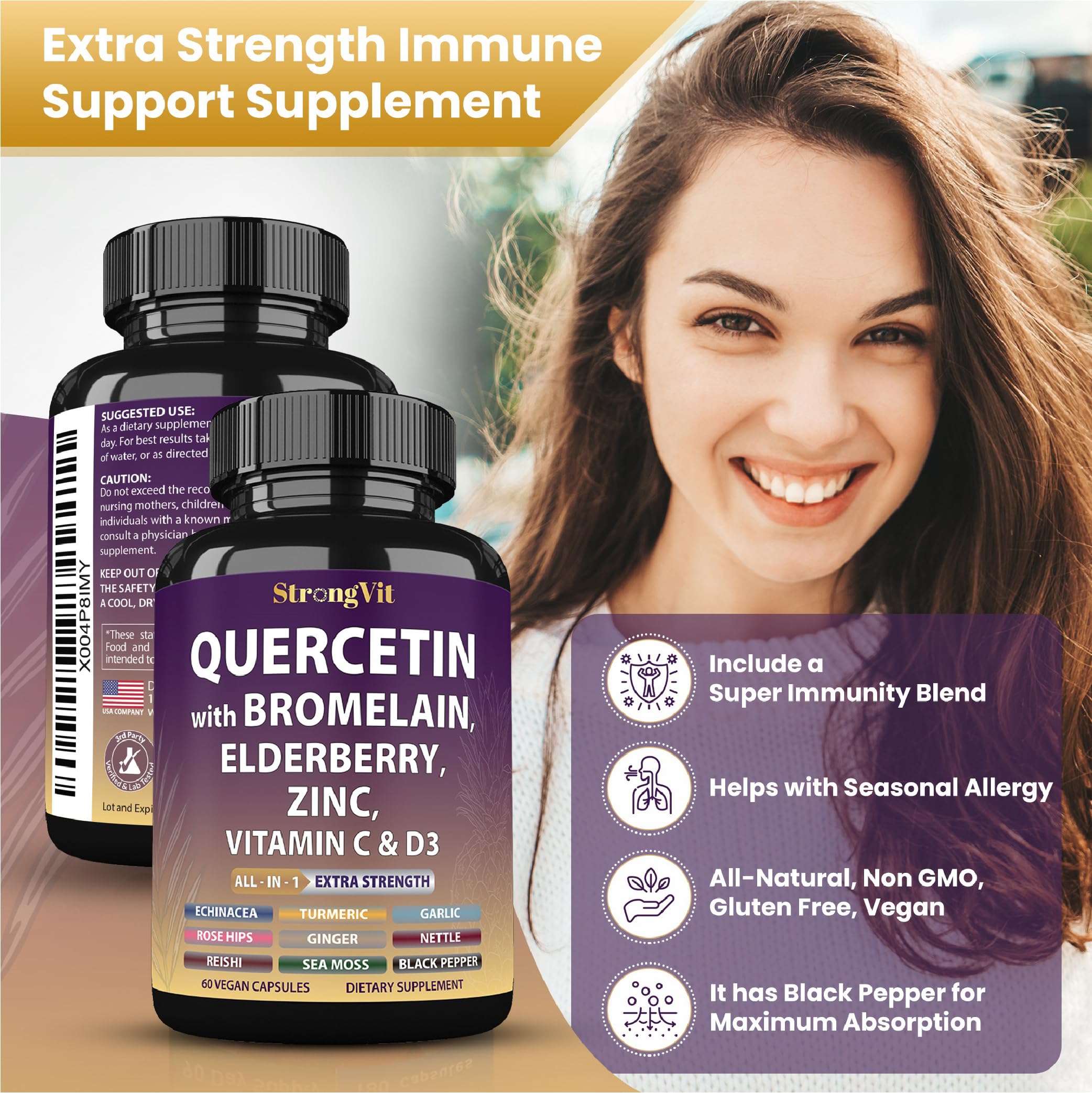 StrongVit Quercetin with Bromelain, Elderberry, Vitamin C, D3-60 Caps — Amazon image 3