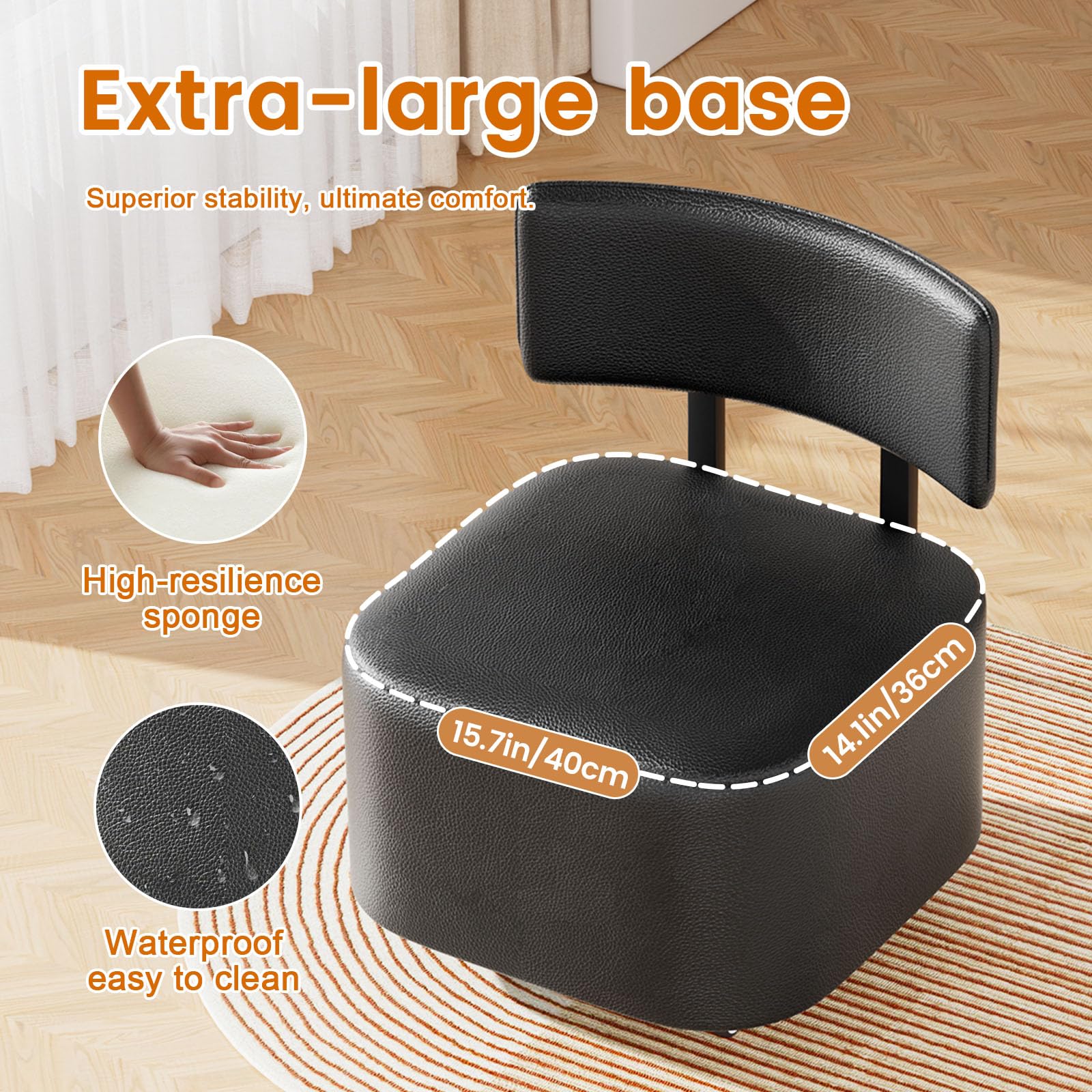 Sgabello a rotelle con schienale, sgabello basso in pelle PU, sedia a rotelle, per casa, ufficio, garage, negozio, biblioteca (nero)
