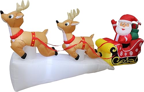 Papá Noel inflable de Navidad de 8 pies de largo en trineo con dos renos voladores y regalos con luces LED, decoración de vacaciones al aire libre e
