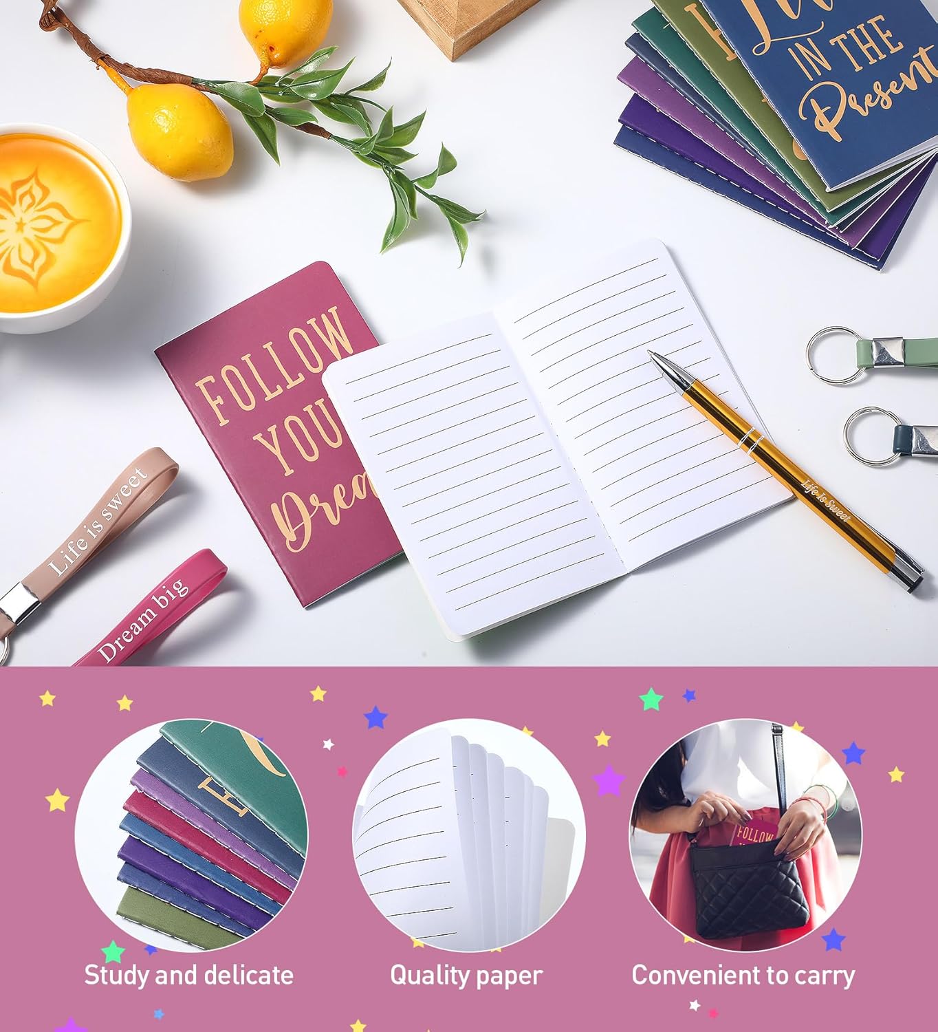 PerKoop 48 Pcs Inspirational Gifts Set Inspirational Quote Notepads 3 x 5 Inch Motivational Ballpoint Pens Keychains Bulk Colorful Journal Notebooks for School Office Party Favor Supplies - Image 5