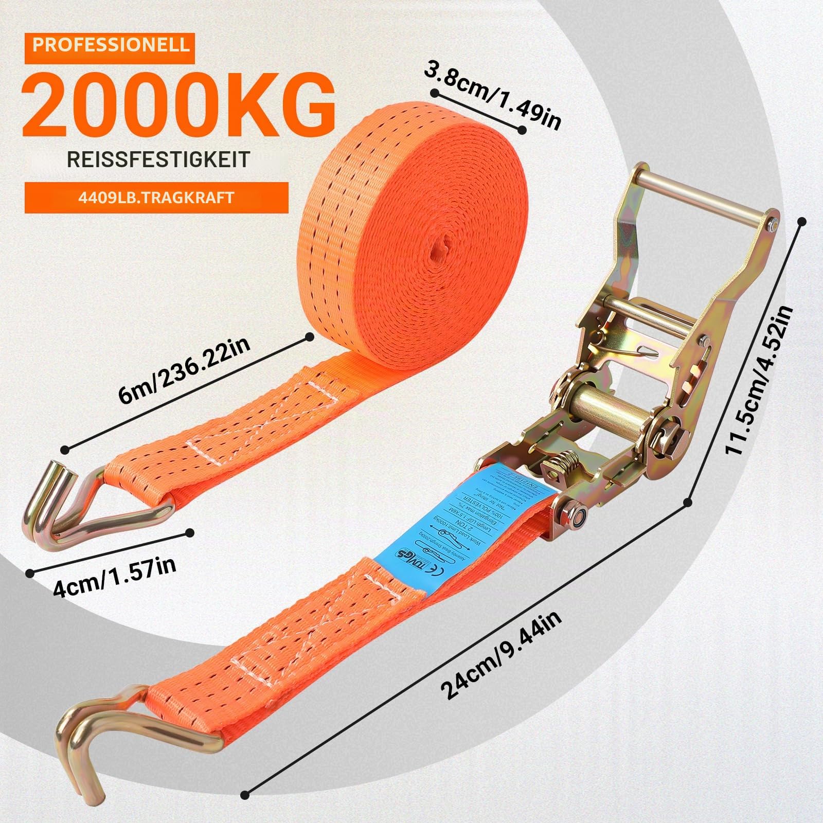 12 STÜCK Spanngurte mit Ratsche - Haken - 6M x 38MM Spanngurt - 2t (2000 daN, KG) TÜV/GS Zertifiziert - Zweiteilig Zurrgurte, für Motorräder, Auto, Anhänger, nach DIN EN 12195-2