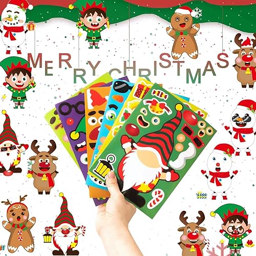 Miniatura 2 de 24 hojas de calcomanías para juegos de fiesta de Navidad, haz tu propio gnomo, hombre de jengibre, muñeco de nieve, cara de reno, calcomanías de